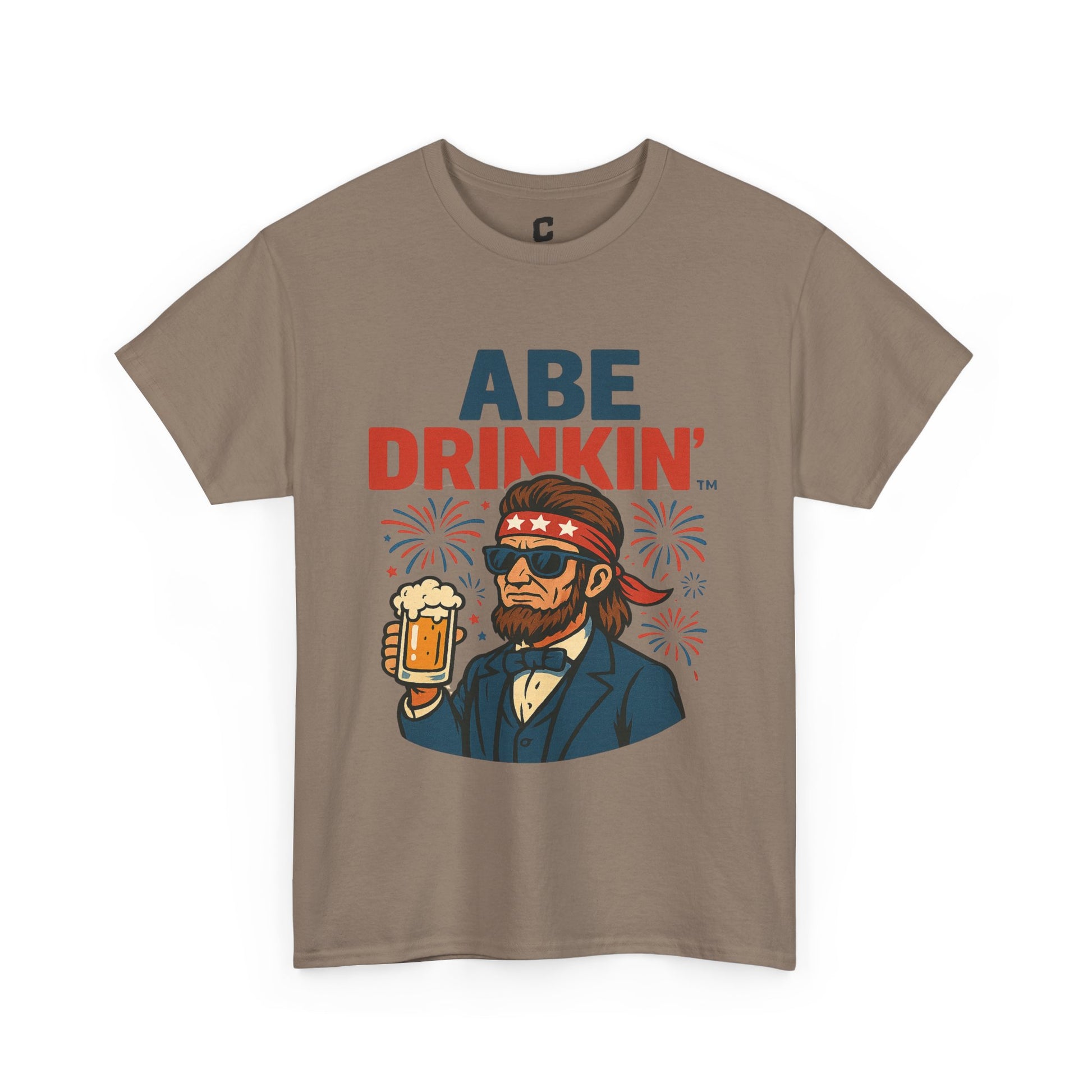 Abe Drinkin Patriotic Beer Design with Fireworks and Sunglasses for Funny Fourth of July Party Vibes