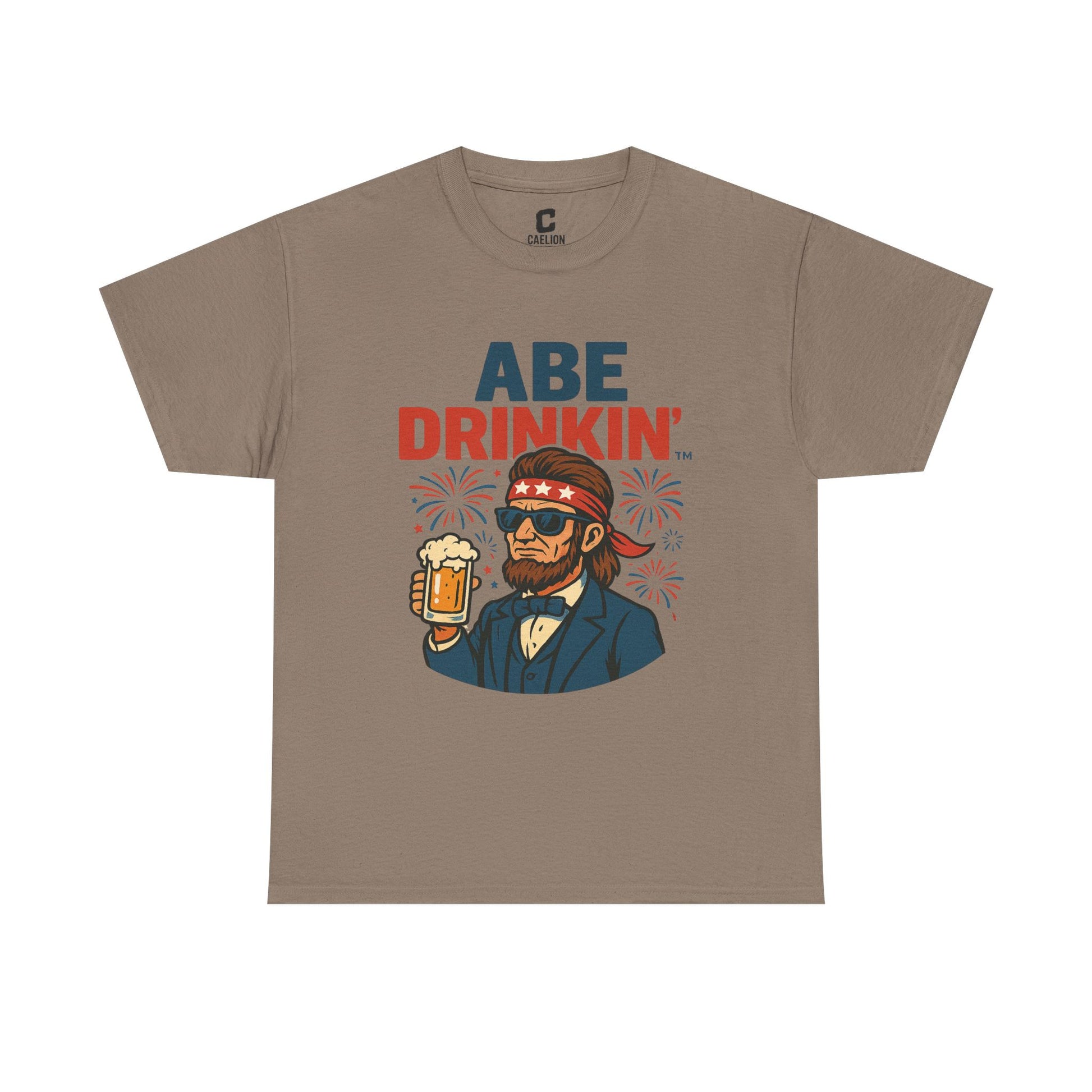 Abe Drinkin Patriotic Beer Design with Fireworks and Sunglasses for Funny Fourth of July Party Vibes
