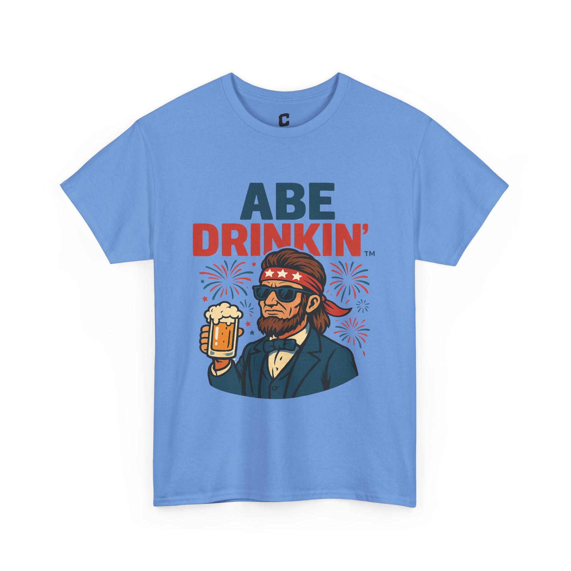 Abe Drinkin Patriotic Beer Design with Fireworks and Sunglasses for Funny Fourth of July Party Vibes