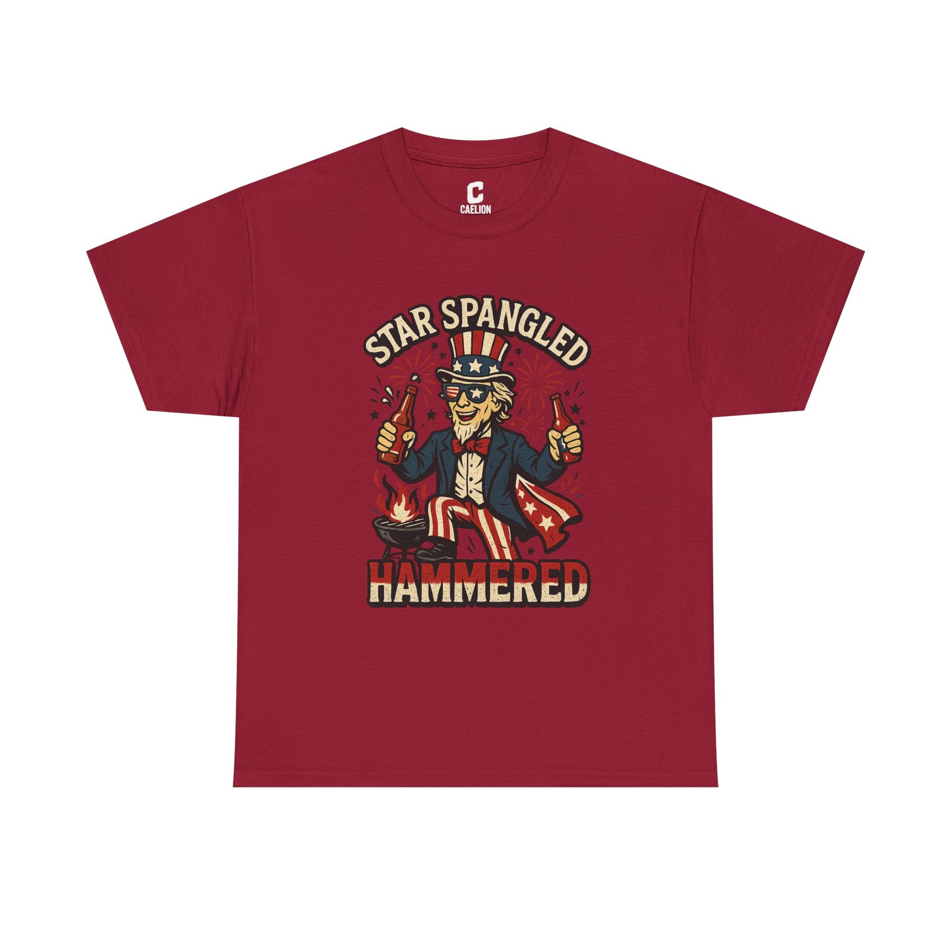 Star Spangled Hammered Funny Patriotic Drinking Design with Uncle Sam and Fireworks for Fourth of July Parties