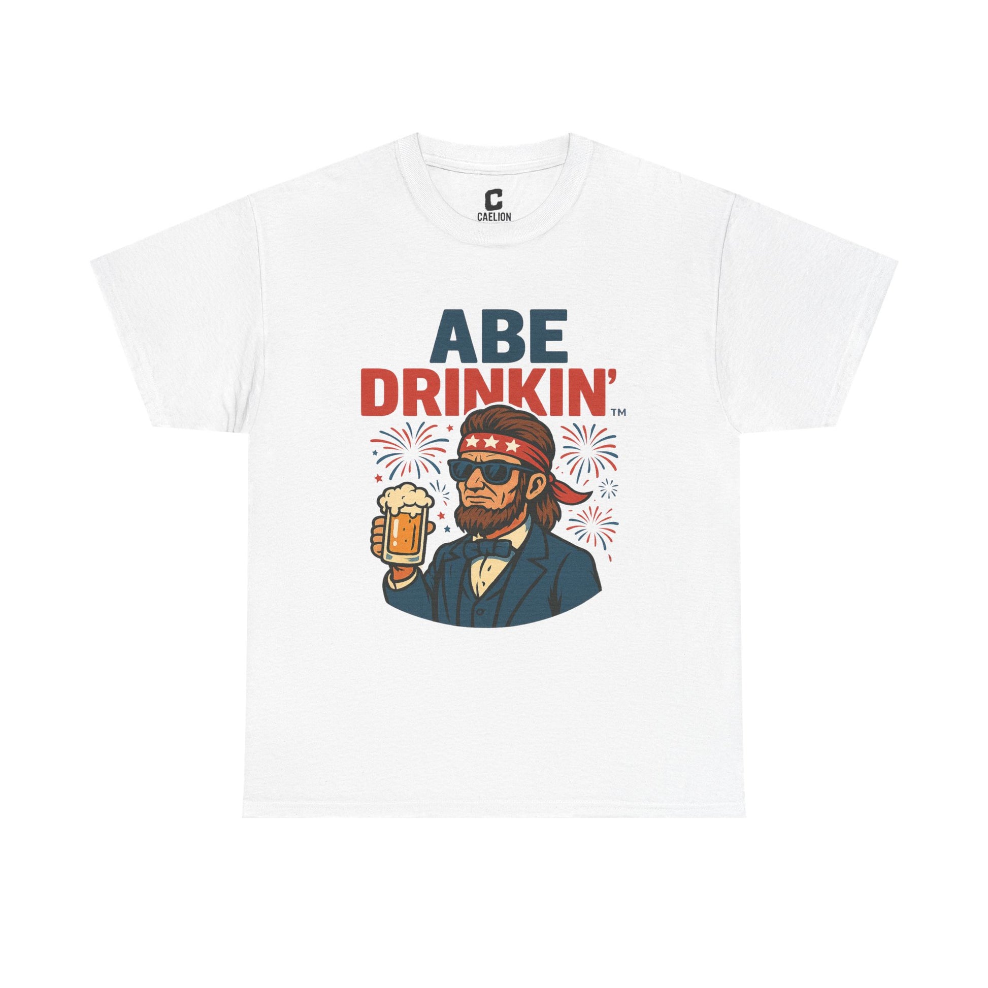 Abe Drinkin Patriotic Beer Design with Fireworks and Sunglasses for Funny Fourth of July Party Vibes