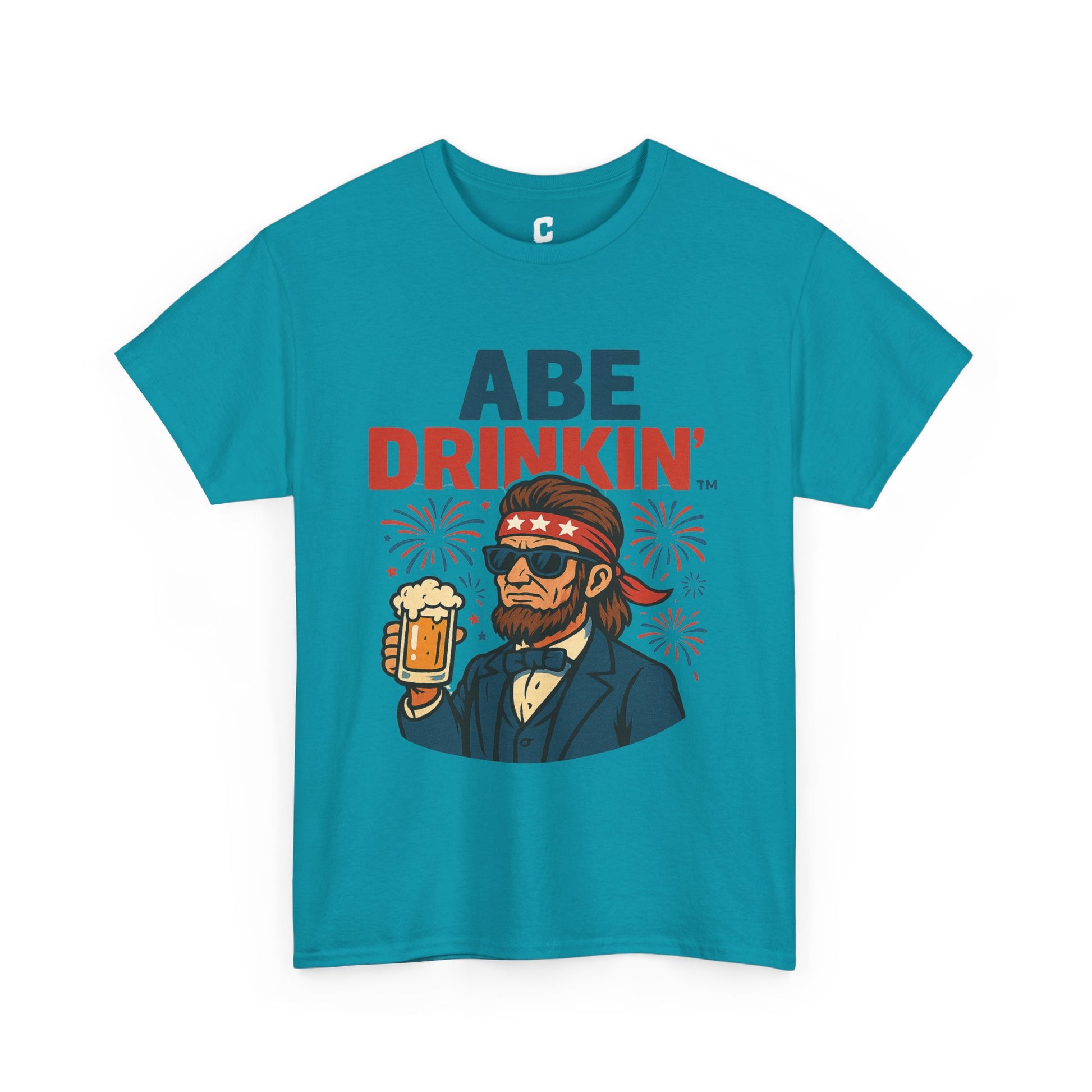 Abe Drinkin Patriotic Beer Design with Fireworks and Sunglasses for Funny Fourth of July Party Vibes