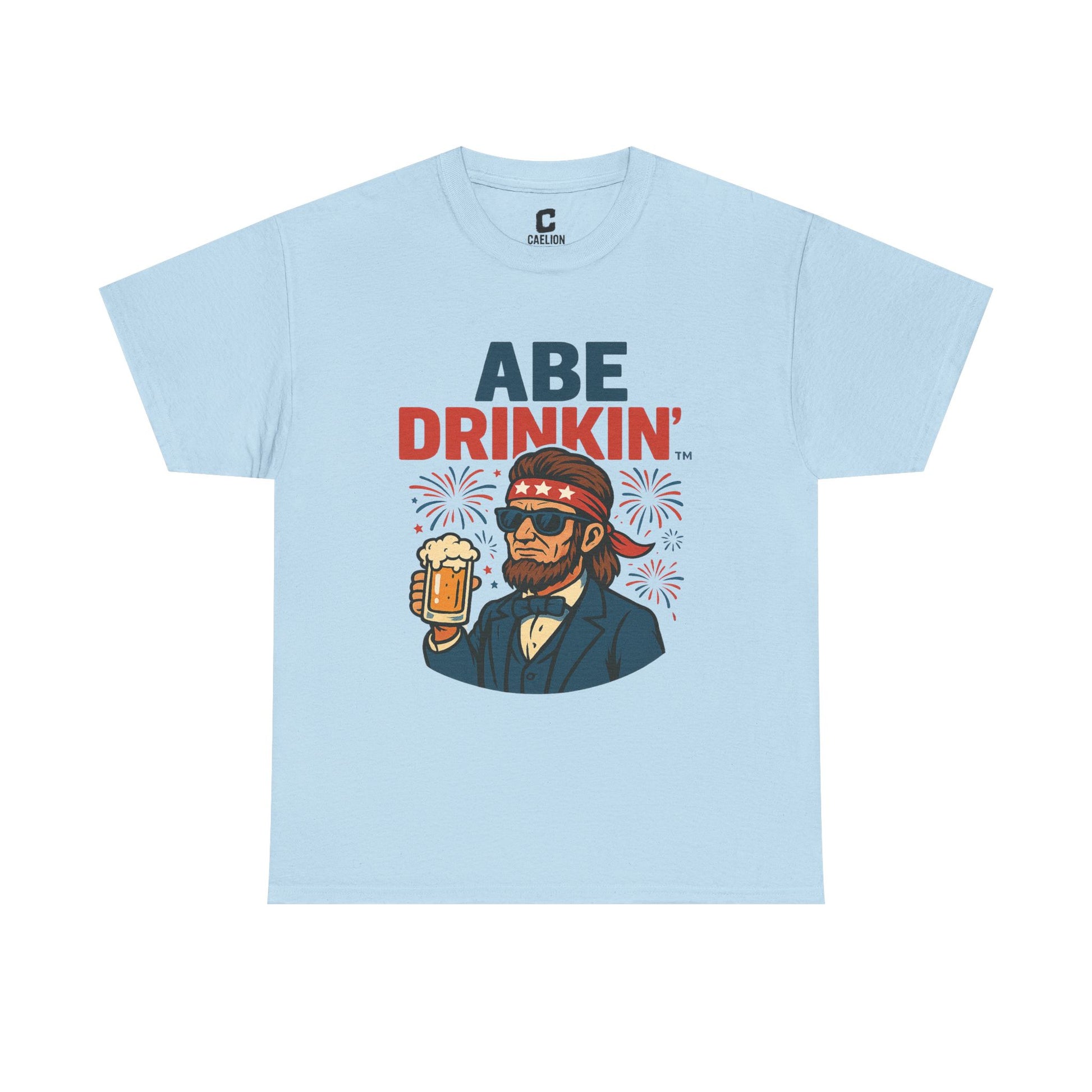 Abe Drinkin Patriotic Beer Design with Fireworks and Sunglasses for Funny Fourth of July Party Vibes