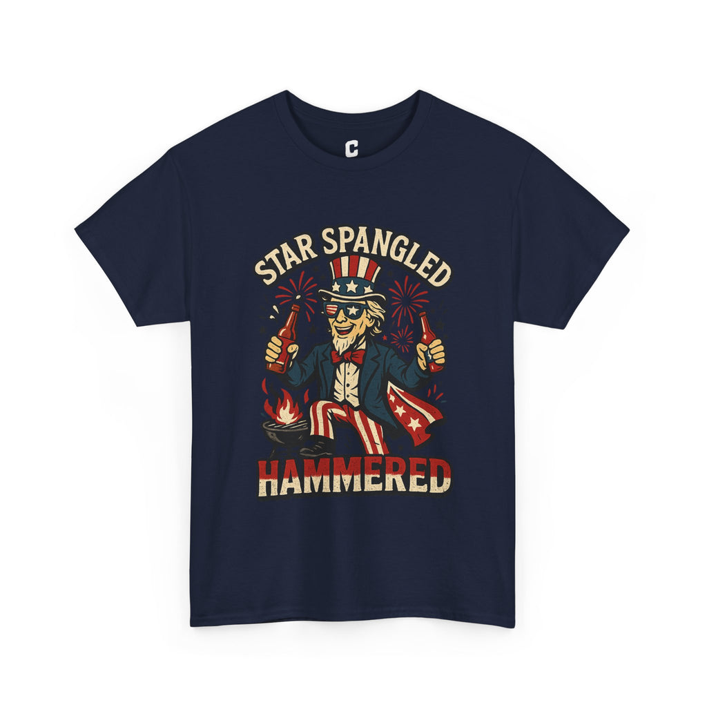 Star Spangled Hammered Funny Patriotic Drinking Design with Uncle Sam and Fireworks for Fourth of July Parties