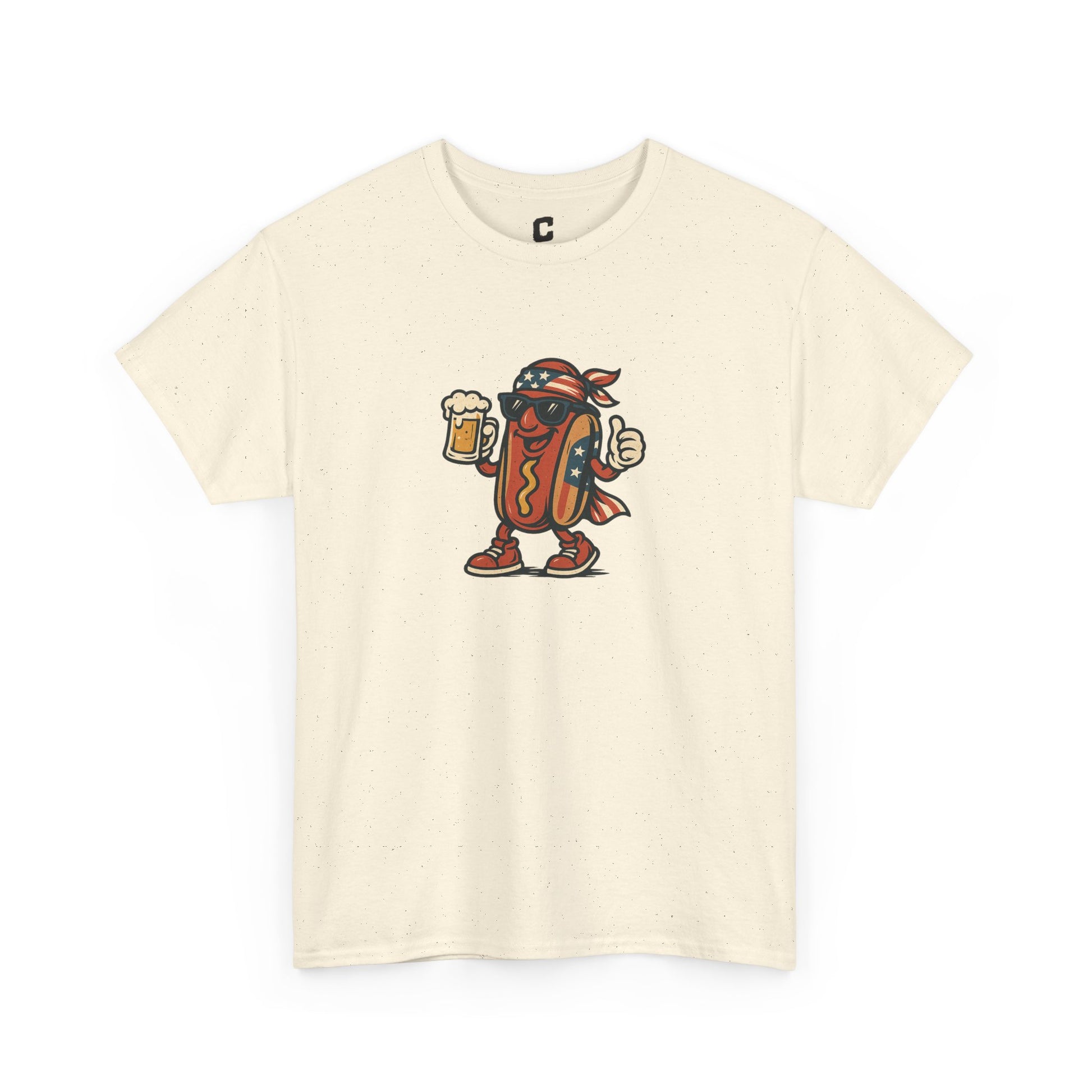 Patriotic Hot Dog Mascot Funny Fourth of July Cookout Design with Beer and American Flag Bandana