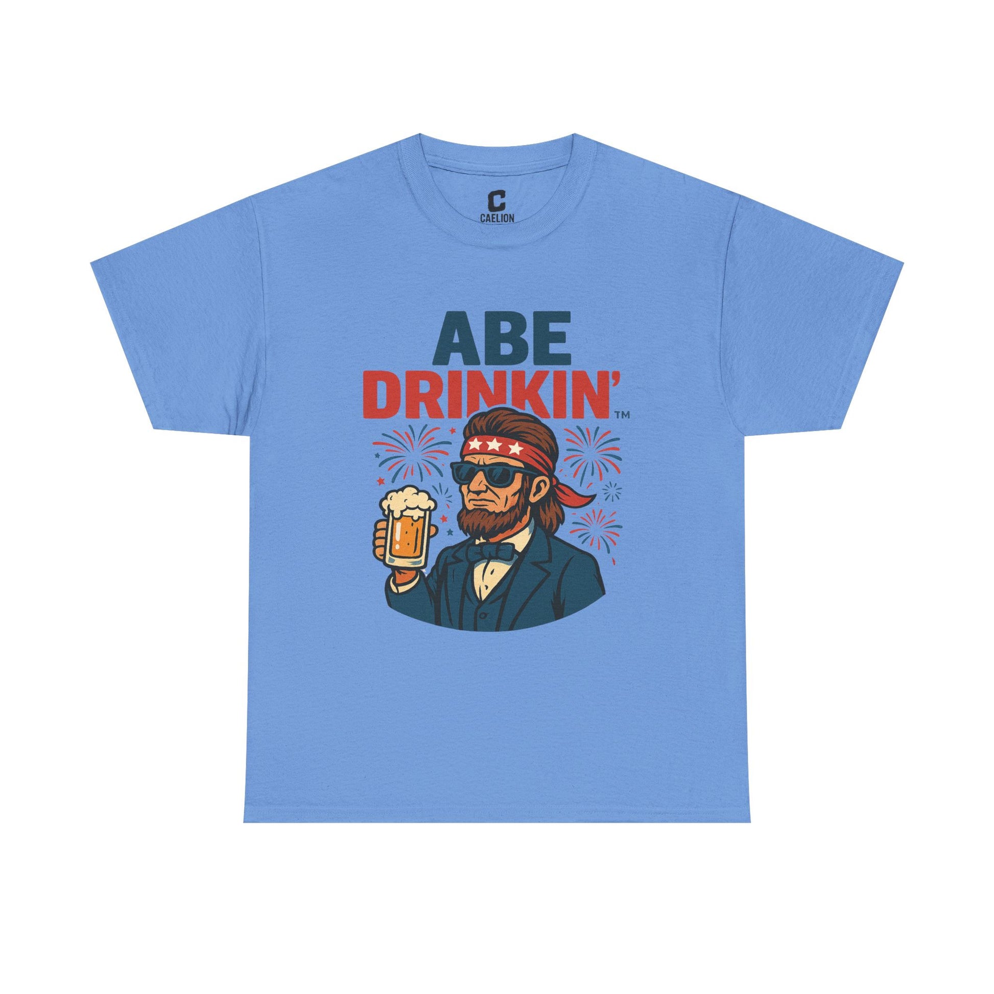 Abe Drinkin Patriotic Beer Design with Fireworks and Sunglasses for Funny Fourth of July Party Vibes