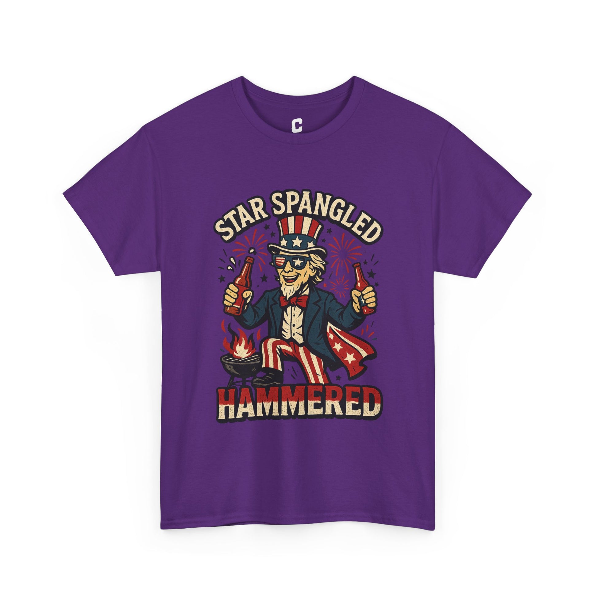Star Spangled Hammered Funny Patriotic Drinking Design with Uncle Sam and Fireworks for Fourth of July Parties