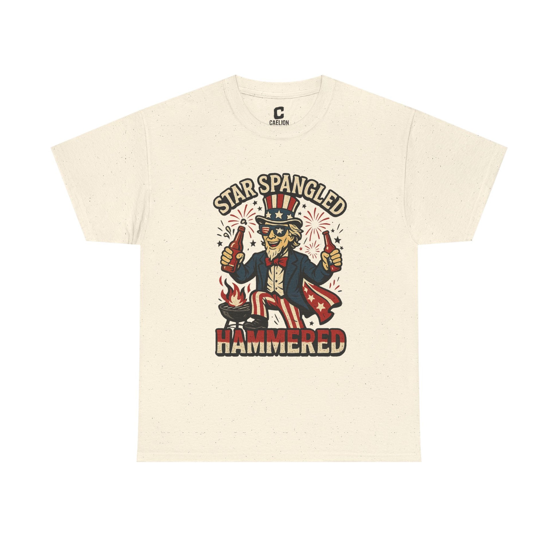 Star Spangled Hammered Funny Patriotic Drinking Design with Uncle Sam and Fireworks for Fourth of July Parties