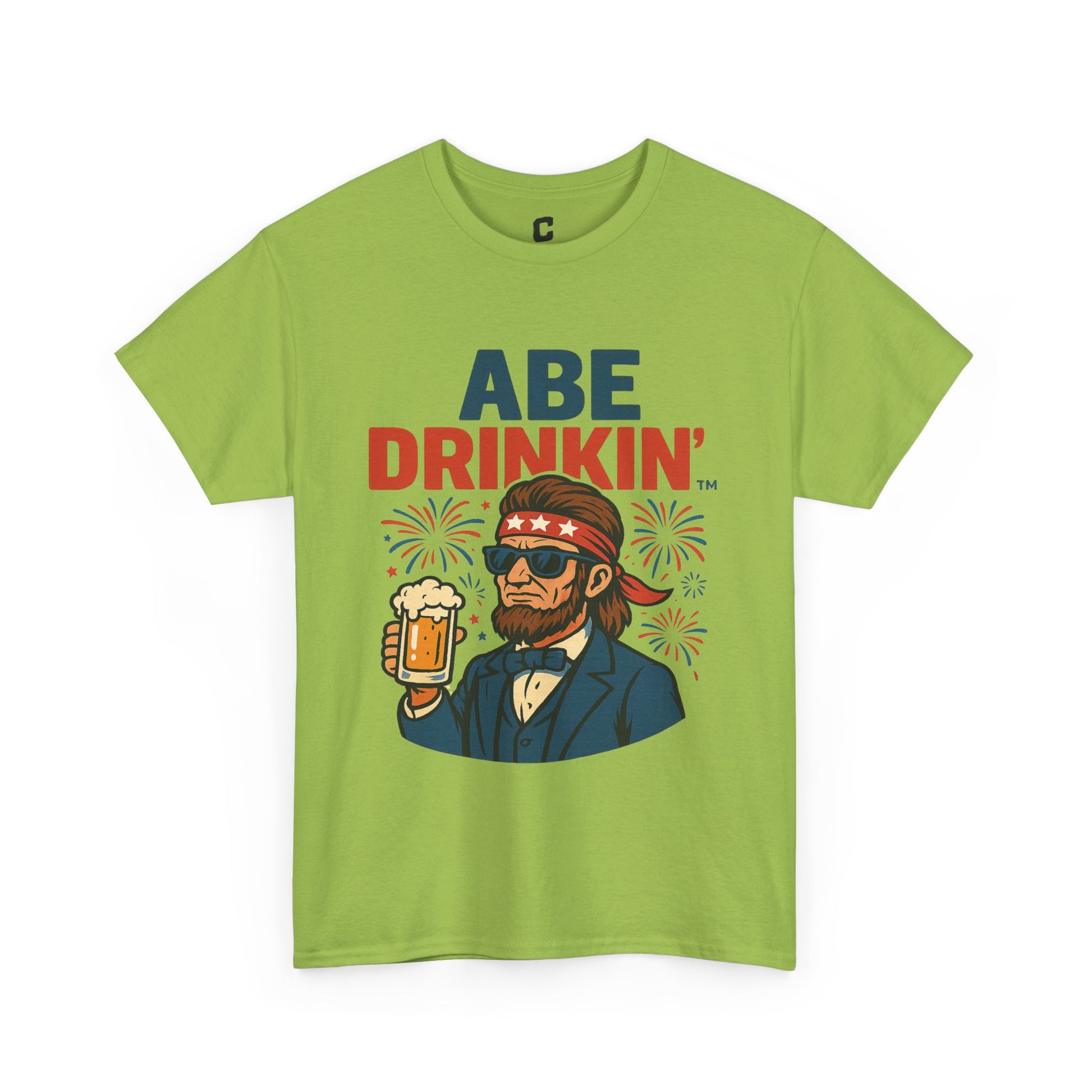Abe Drinkin Patriotic Beer Design with Fireworks and Sunglasses for Funny Fourth of July Party Vibes