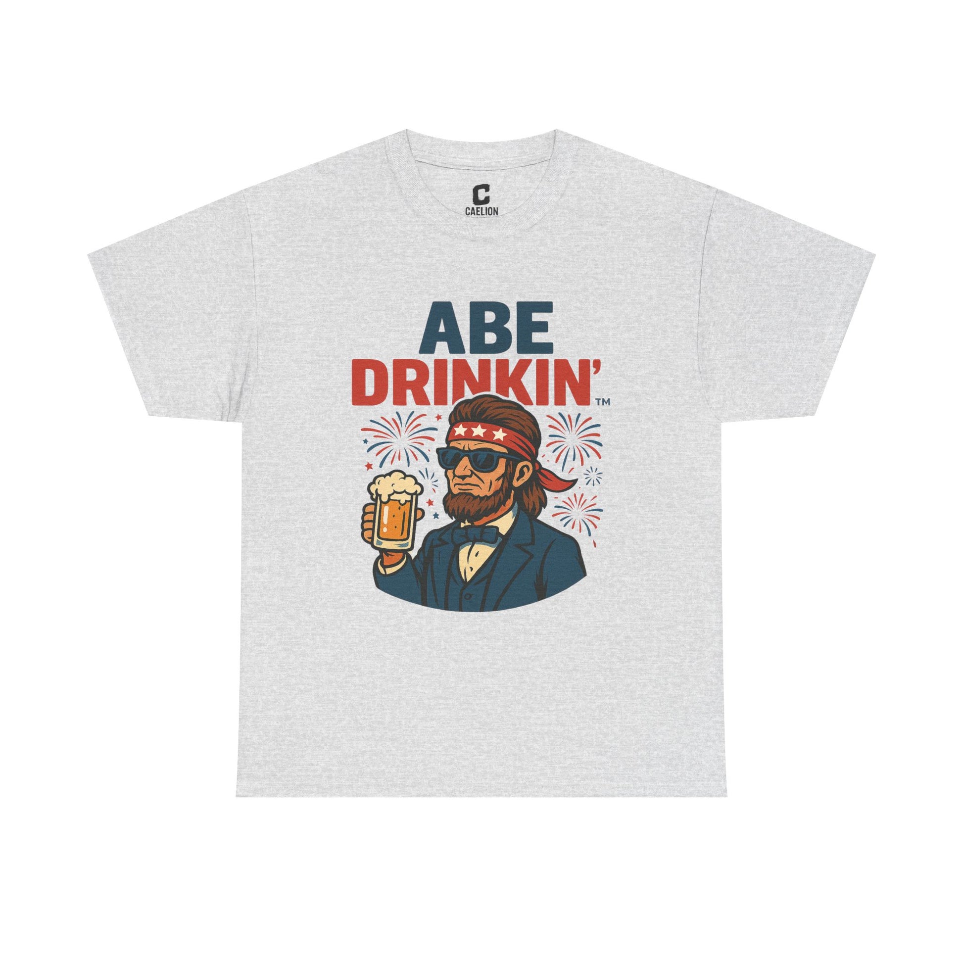 Abe Drinkin Patriotic Beer Design with Fireworks and Sunglasses for Funny Fourth of July Party Vibes