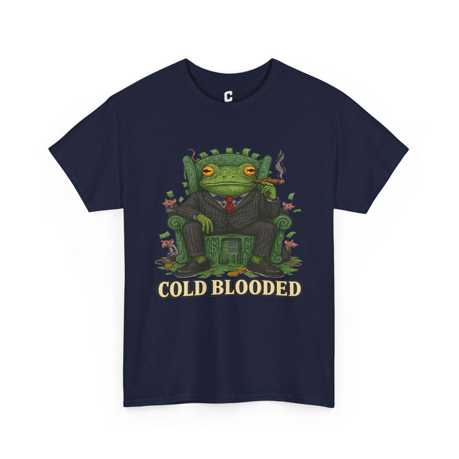 COLD BLOODED Frog Boss T-Shirt - Greedy Slime Executive Graphic Tee | Streetwear for Swamp Kings & Corporate Villains