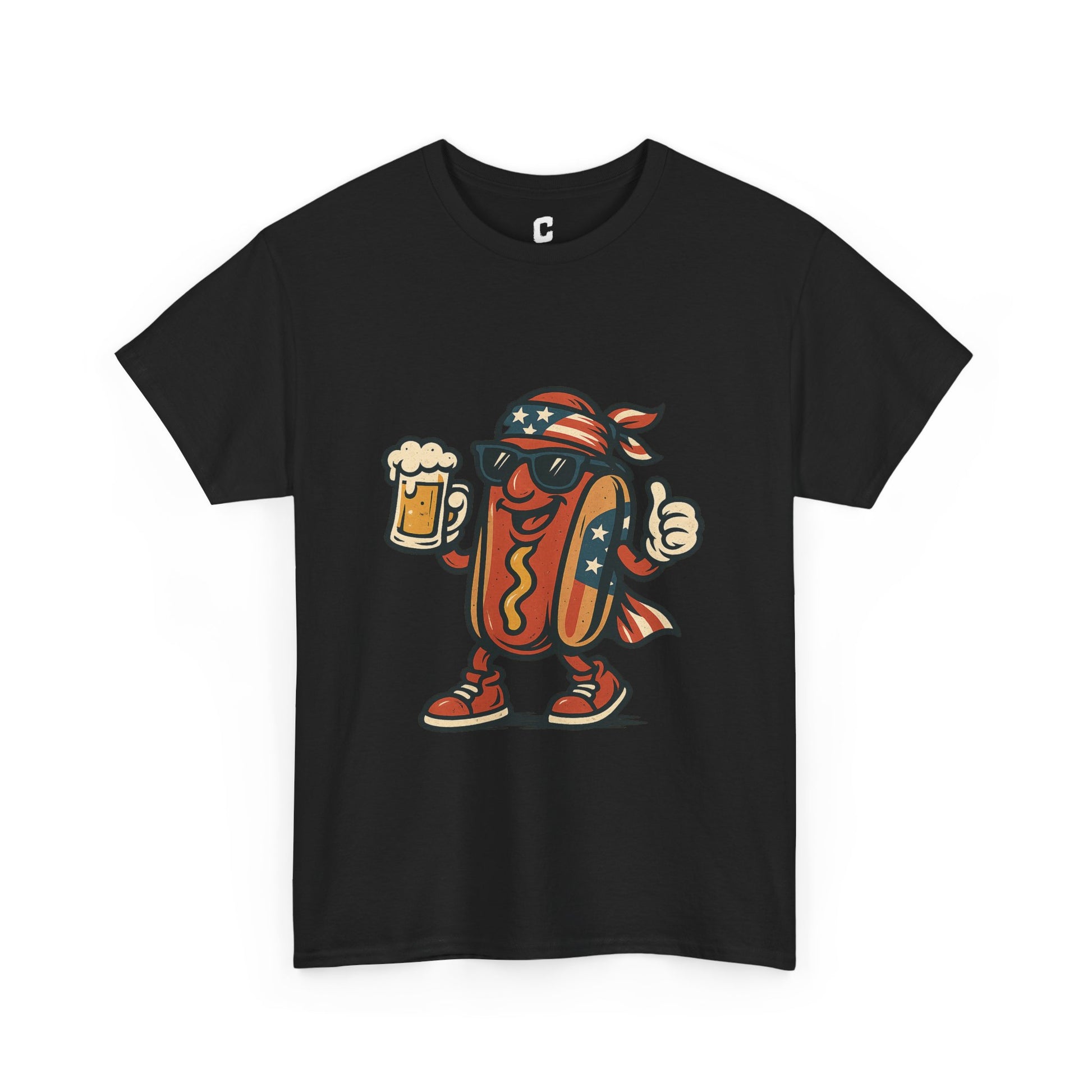 Patriotic Hot Dog Mascot Funny Fourth of July Cookout Design with Beer and American Flag Bandana