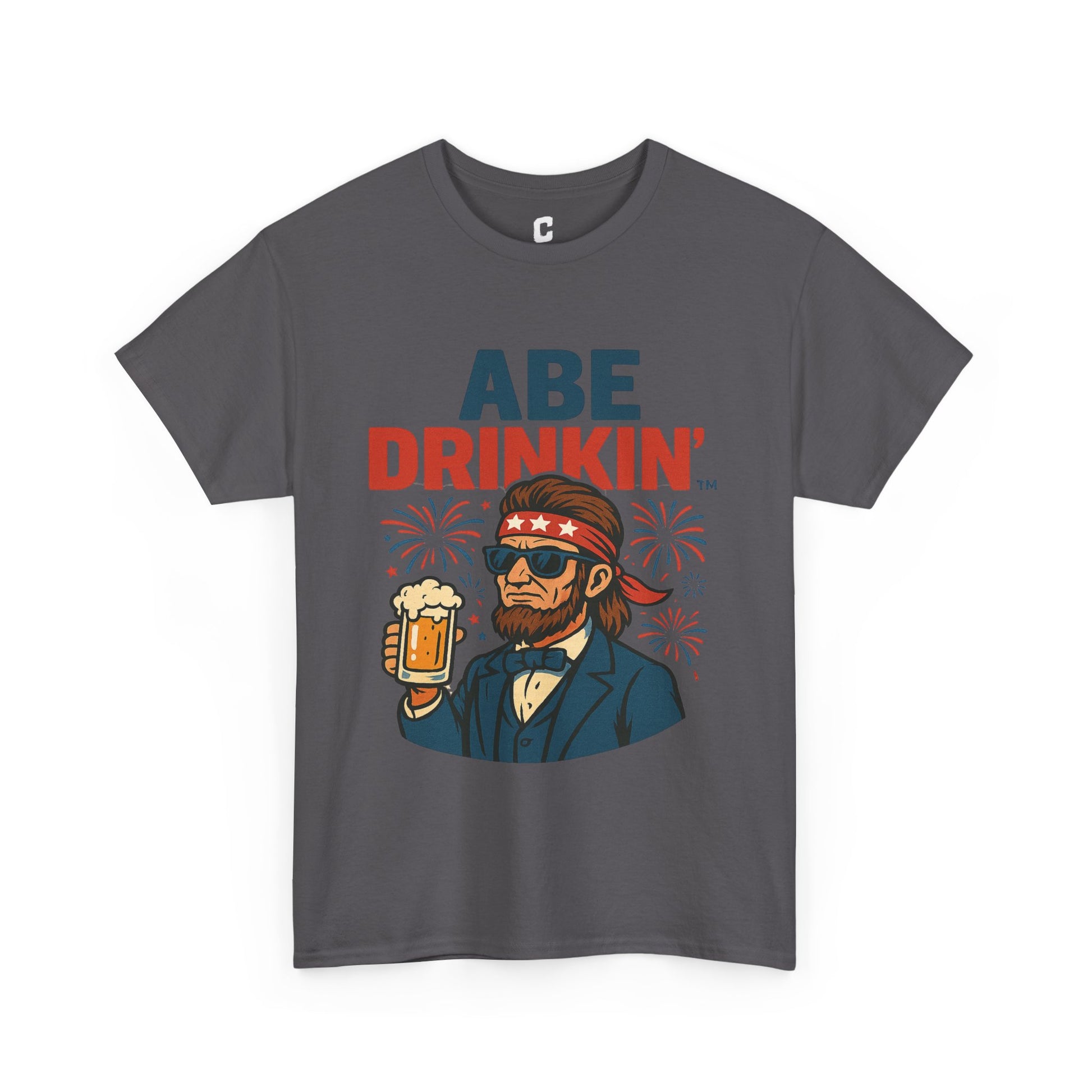 Abe Drinkin Patriotic Beer Design with Fireworks and Sunglasses for Funny Fourth of July Party Vibes