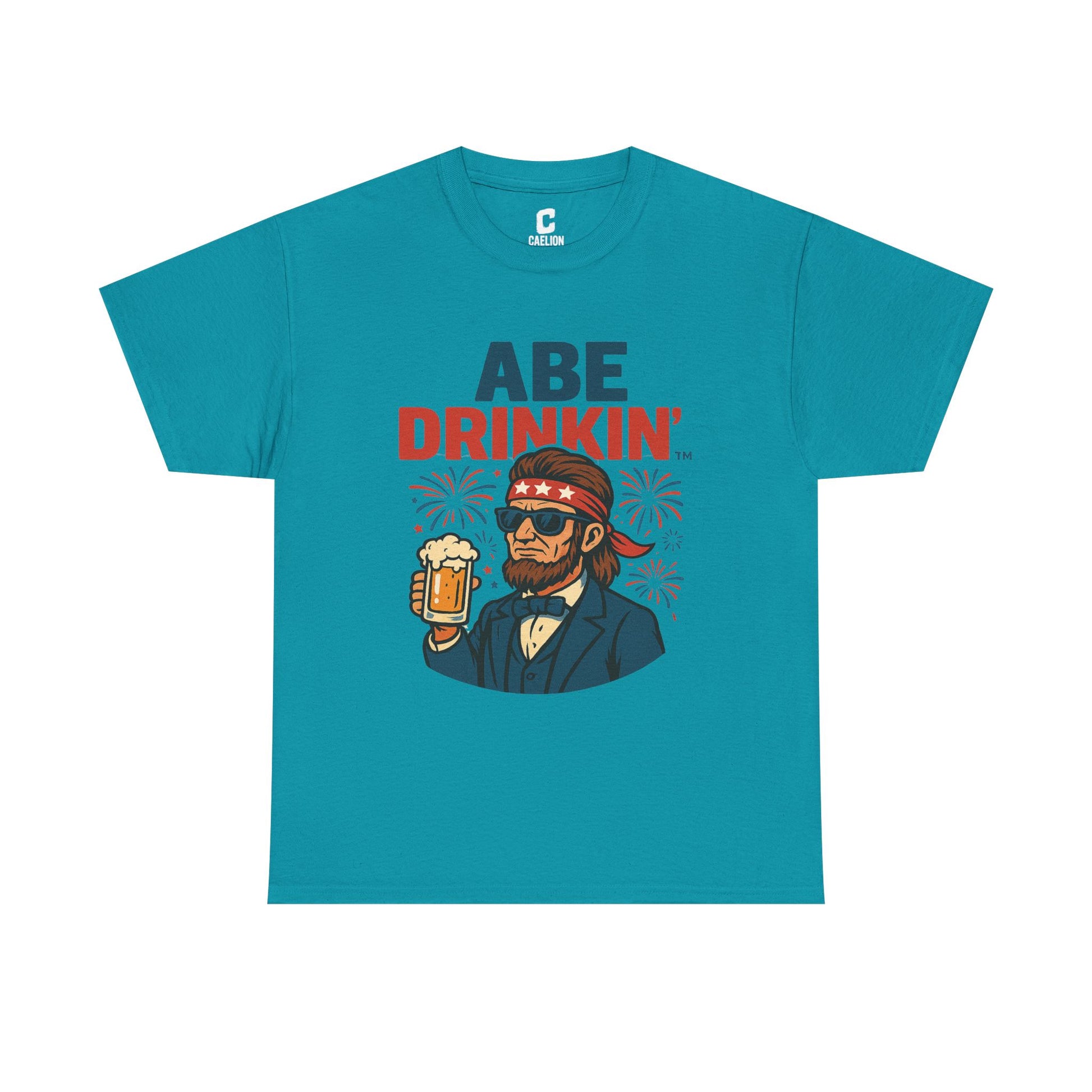 Abe Drinkin Patriotic Beer Design with Fireworks and Sunglasses for Funny Fourth of July Party Vibes