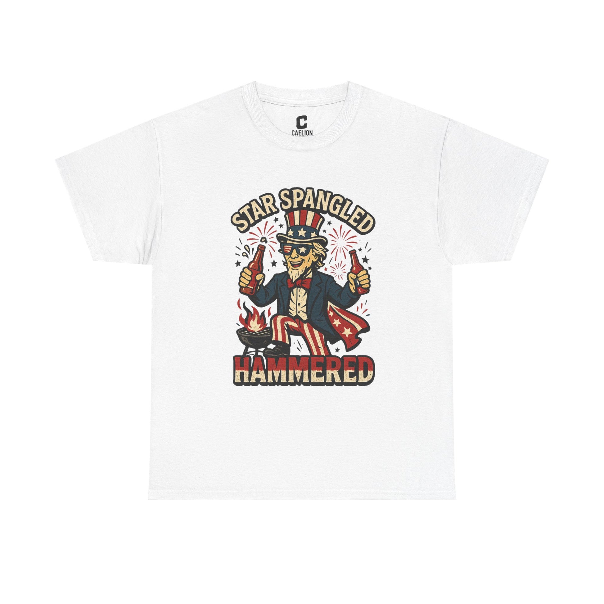 Star Spangled Hammered Funny Patriotic Drinking Design with Uncle Sam and Fireworks for Fourth of July Parties