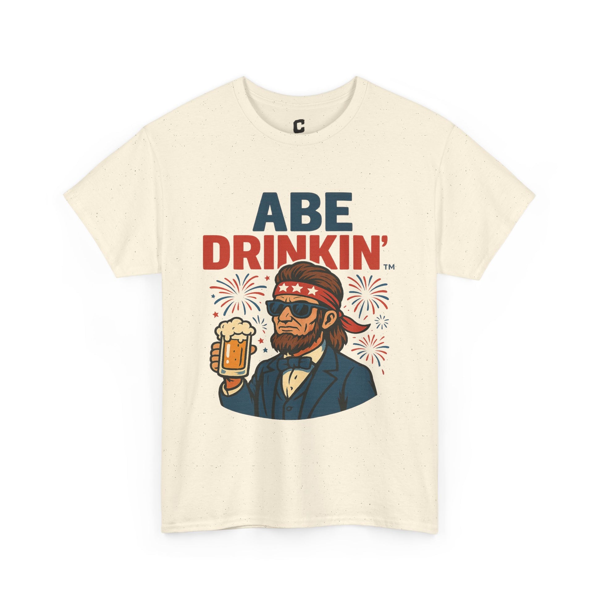 Abe Drinkin Patriotic Beer Design with Fireworks and Sunglasses for Funny Fourth of July Party Vibes