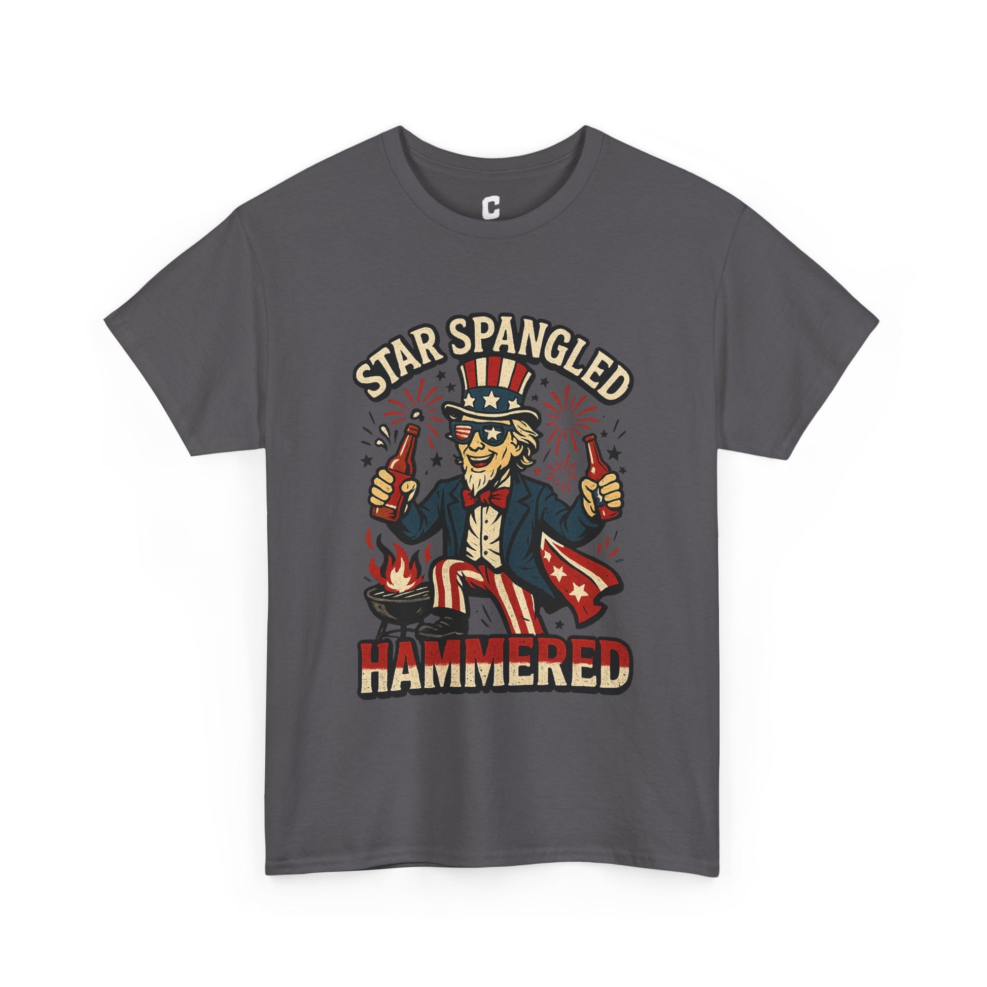 Star Spangled Hammered Funny Patriotic Drinking Design with Uncle Sam and Fireworks for Fourth of July Parties