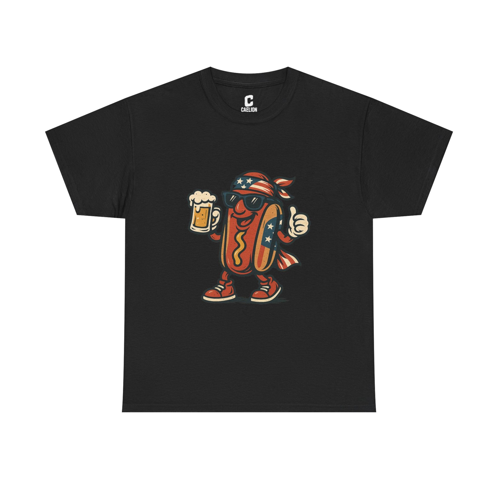 Patriotic Hot Dog Mascot Funny Fourth of July Cookout Design with Beer and American Flag Bandana