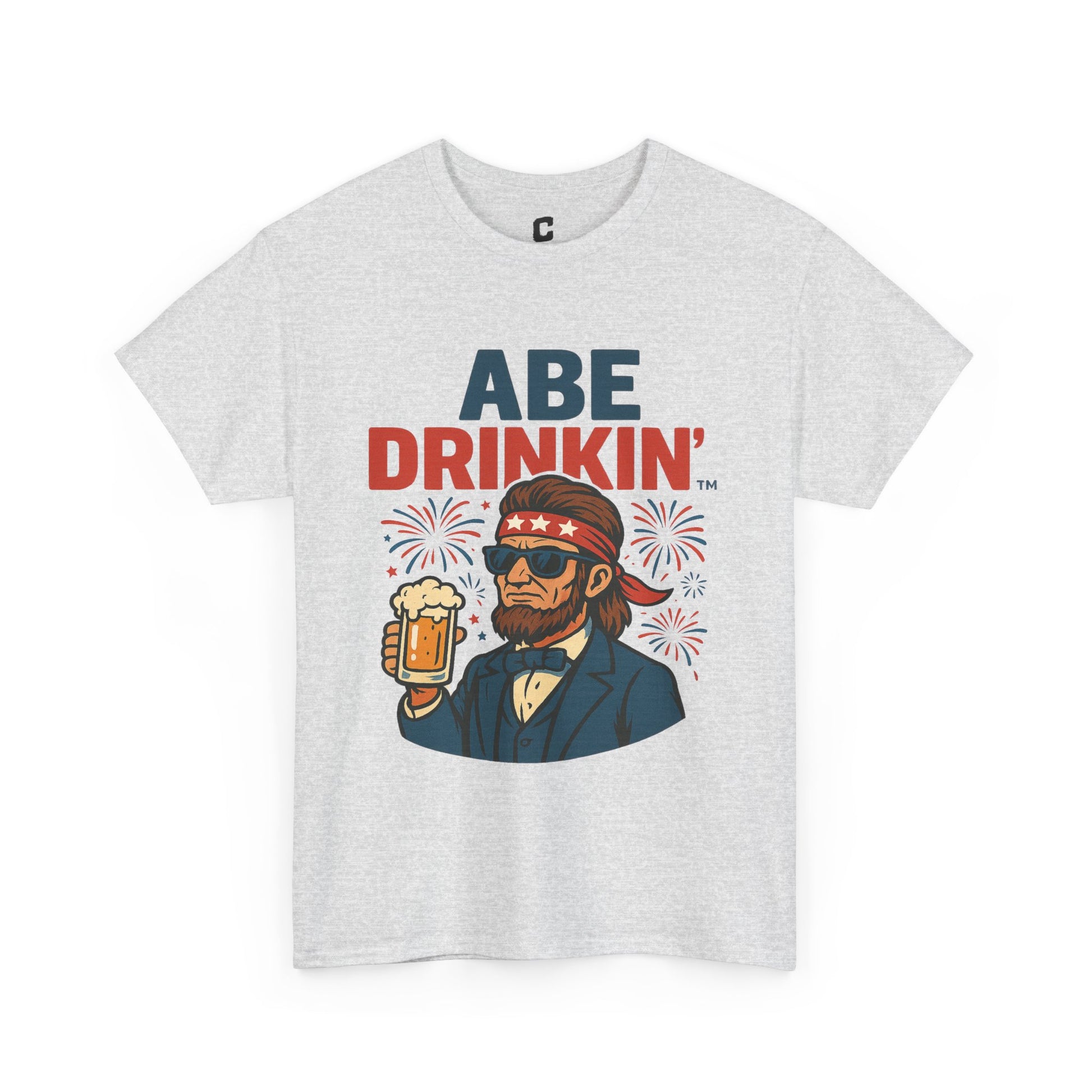 Abe Drinkin Patriotic Beer Design with Fireworks and Sunglasses for Funny Fourth of July Party Vibes