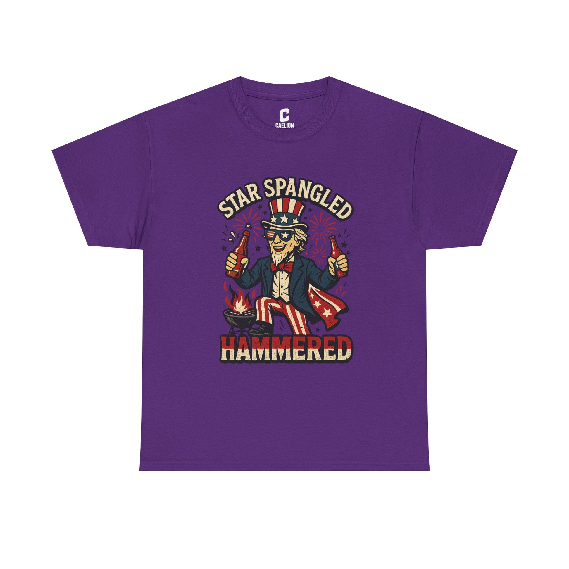 Star Spangled Hammered Funny Patriotic Drinking Design with Uncle Sam and Fireworks for Fourth of July Parties