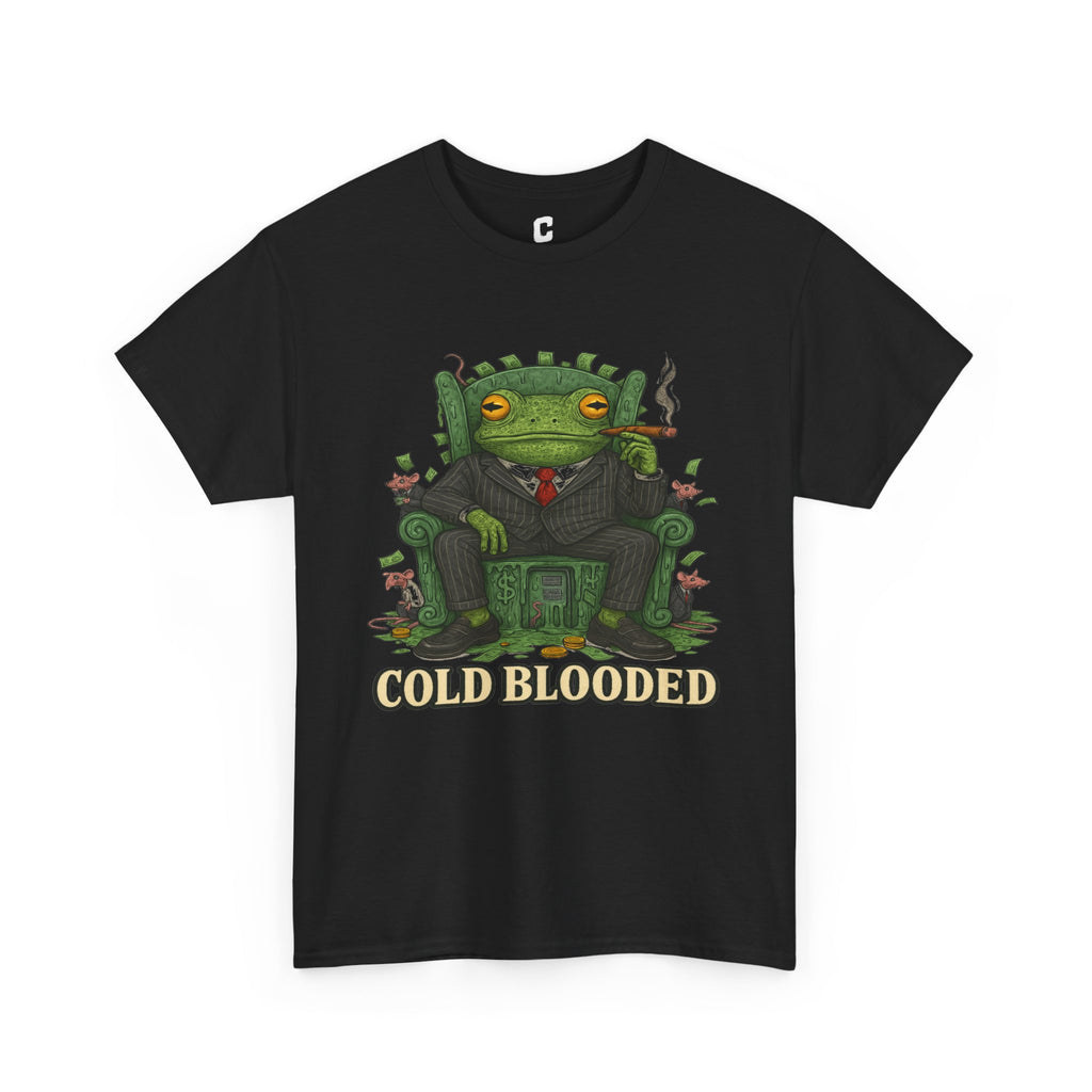 COLD BLOODED Frog Boss T-Shirt - Greedy Slime Executive Graphic Tee | Streetwear for Swamp Kings & Corporate Villains