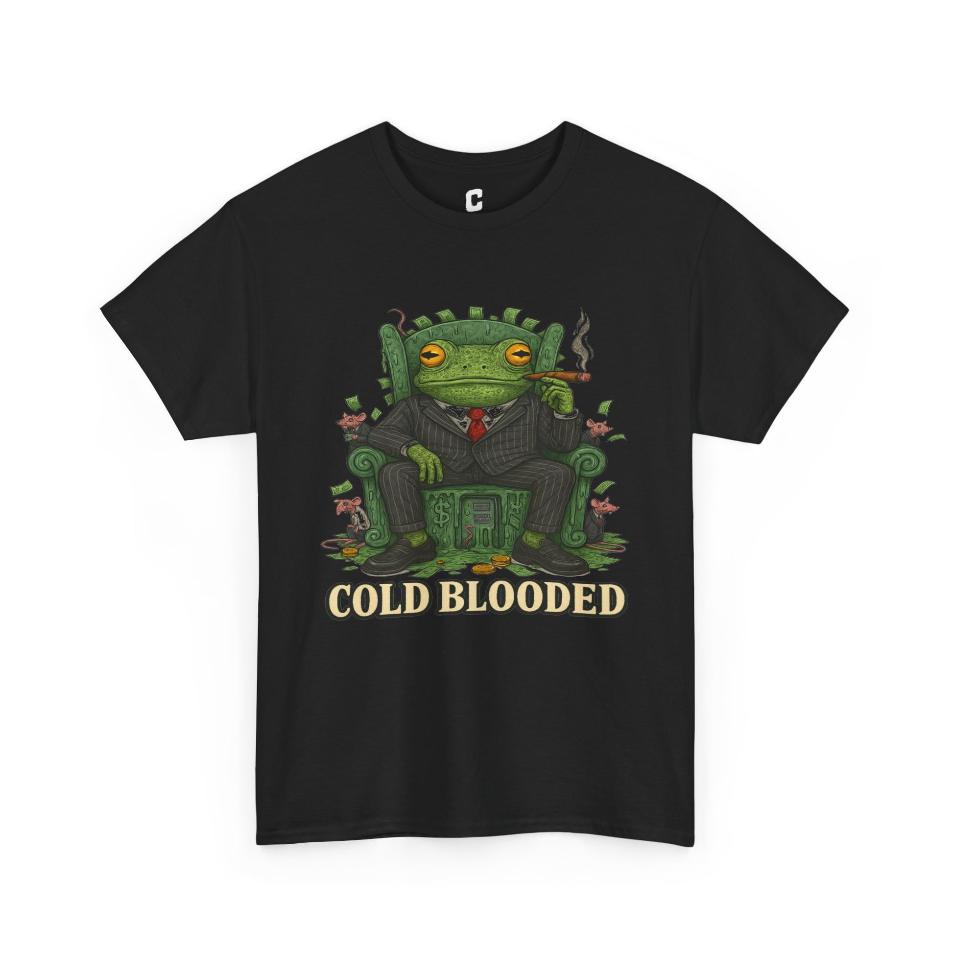 COLD BLOODED Frog Boss T-Shirt - Greedy Slime Executive Graphic Tee | Streetwear for Swamp Kings & Corporate Villains
