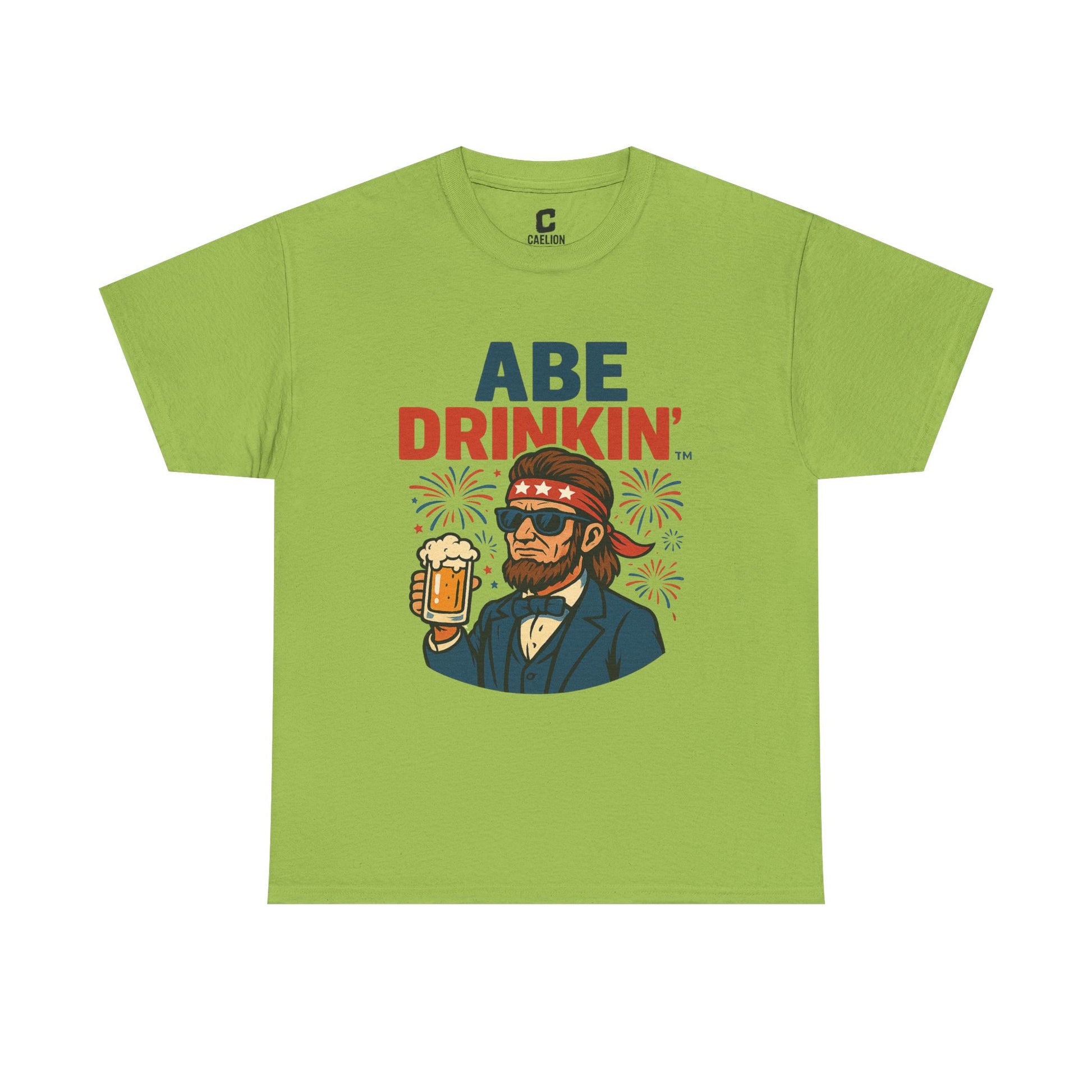 Abe Drinkin Patriotic Beer Design with Fireworks and Sunglasses for Funny Fourth of July Party Vibes