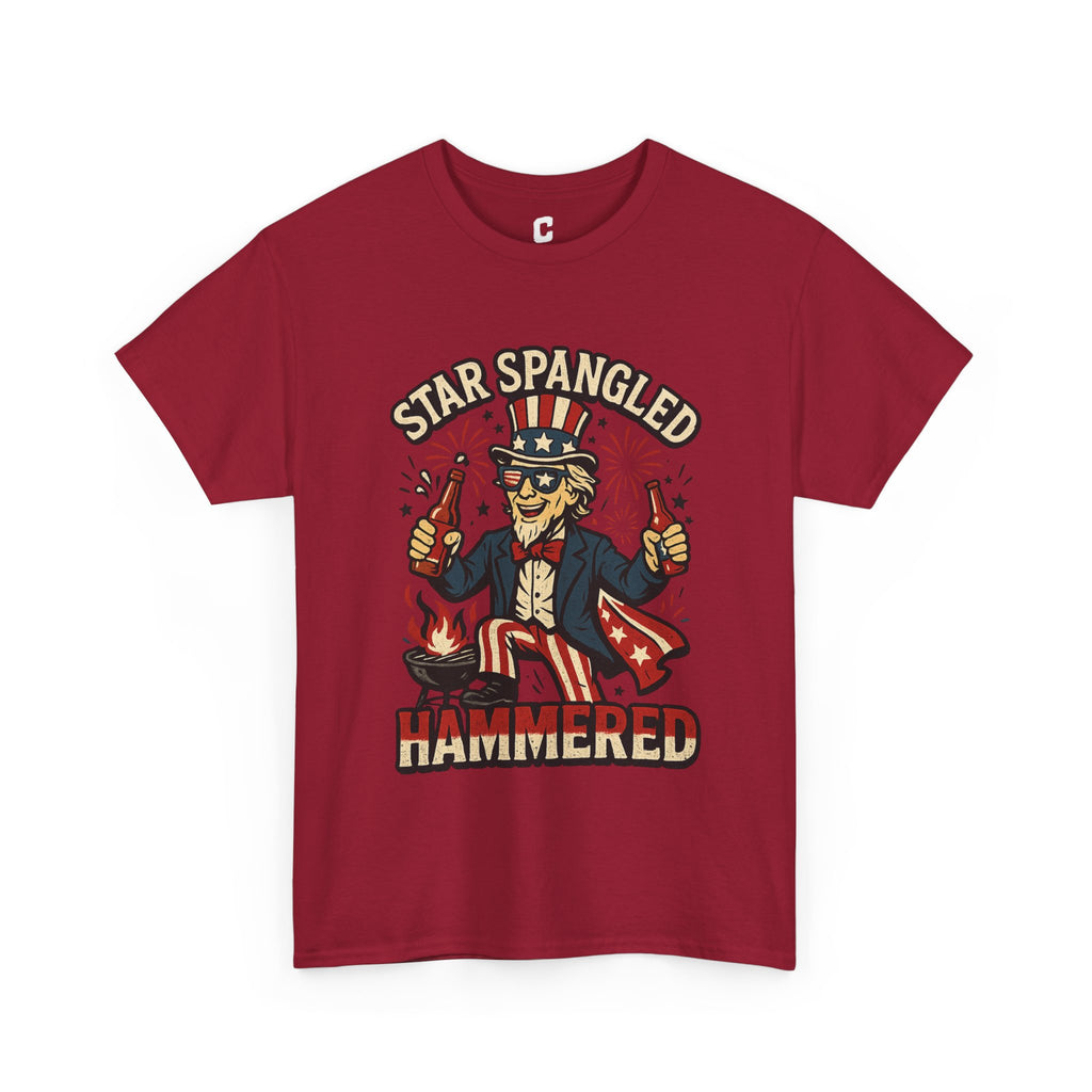 Star Spangled Hammered Funny Patriotic Drinking Design with Uncle Sam and Fireworks for Fourth of July Parties
