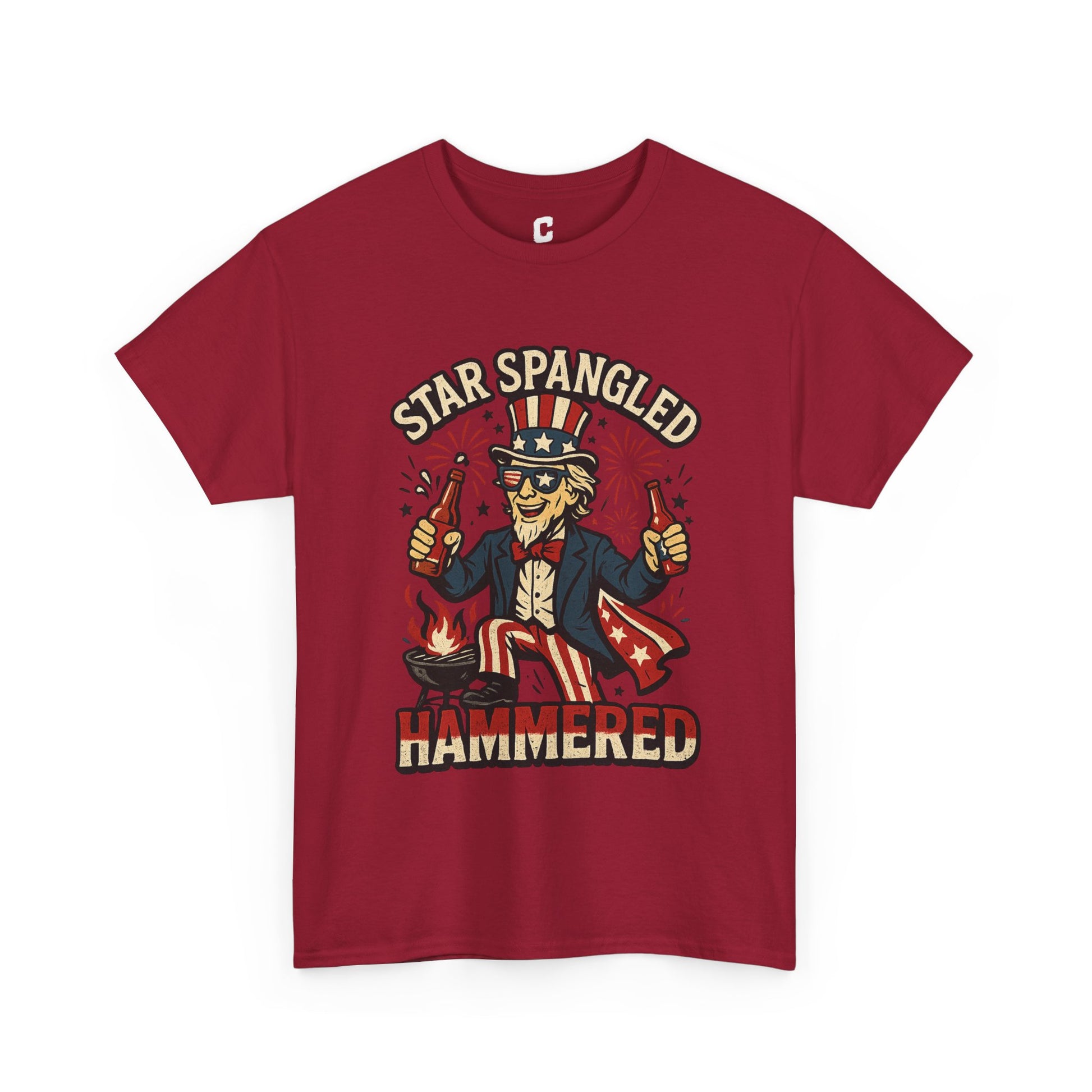 Star Spangled Hammered Funny Patriotic Drinking Design with Uncle Sam and Fireworks for Fourth of July Parties