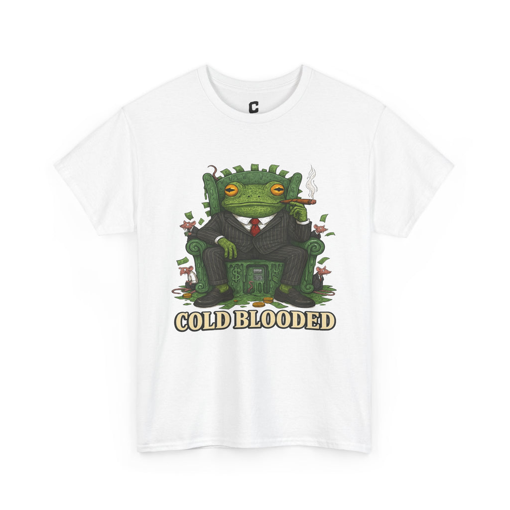 COLD BLOODED Frog Boss T-Shirt - Greedy Slime Executive Graphic Tee | Streetwear for Swamp Kings & Corporate Villains