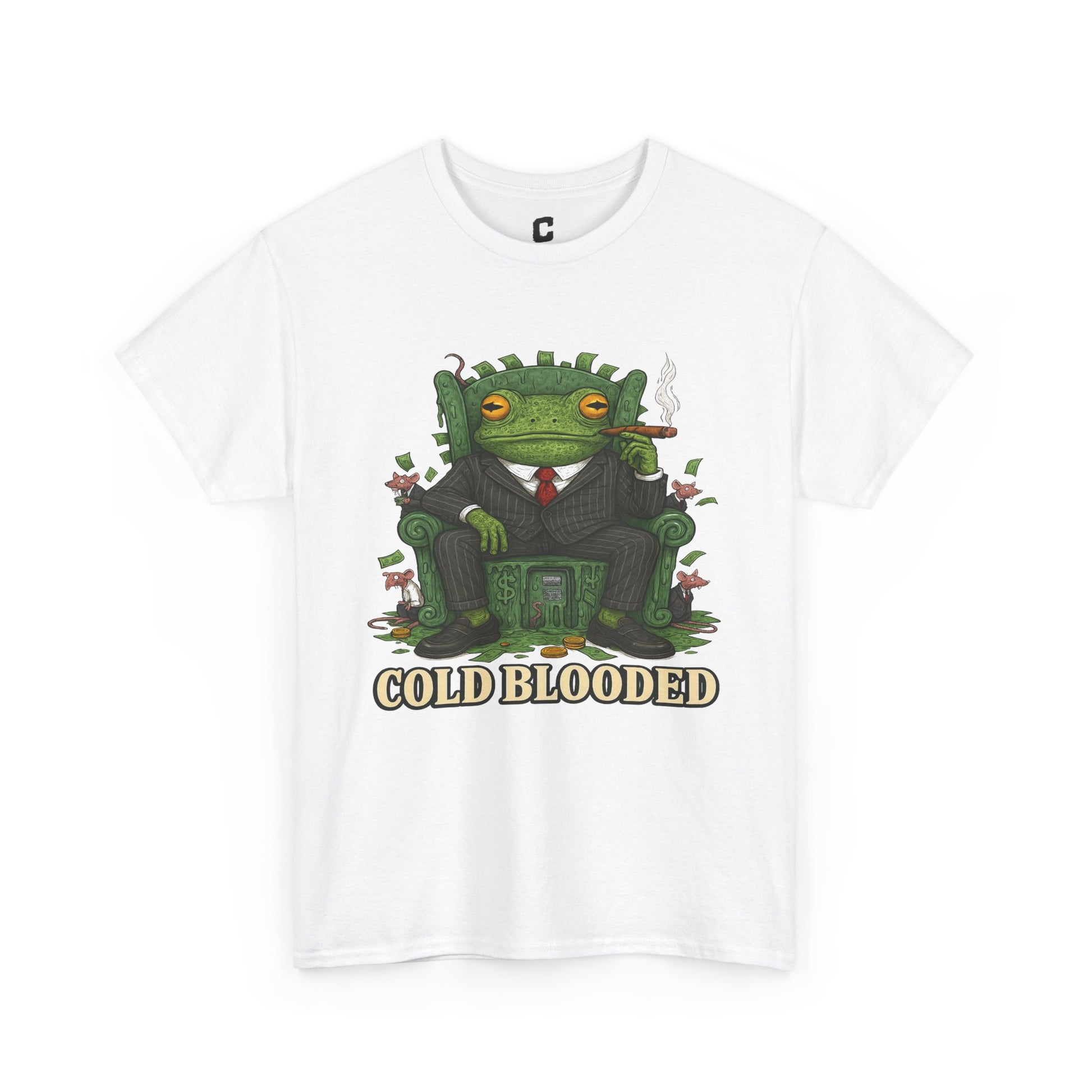 COLD BLOODED Frog Boss T-Shirt - Greedy Slime Executive Graphic Tee | Streetwear for Swamp Kings & Corporate Villains