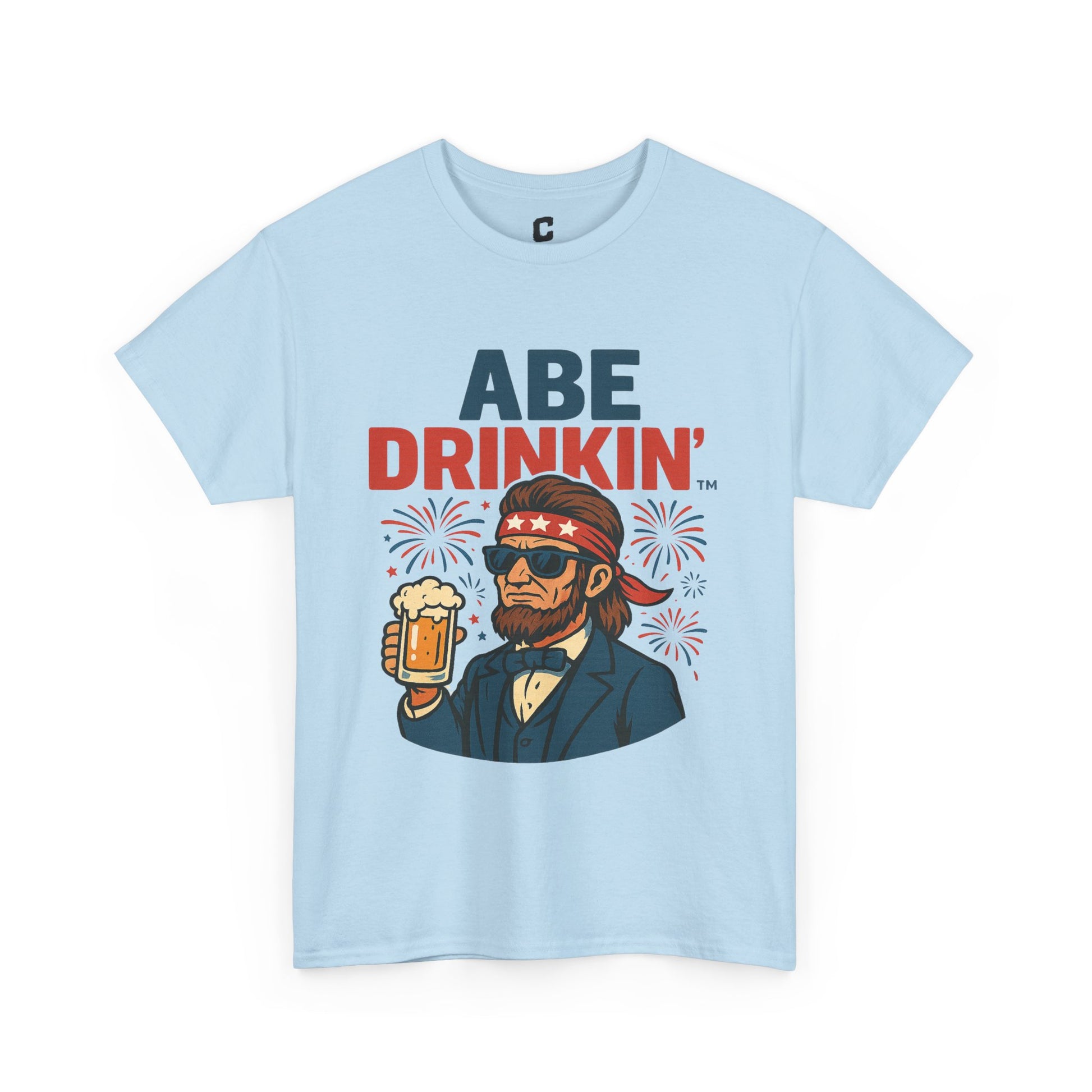 Abe Drinkin Patriotic Beer Design with Fireworks and Sunglasses for Funny Fourth of July Party Vibes