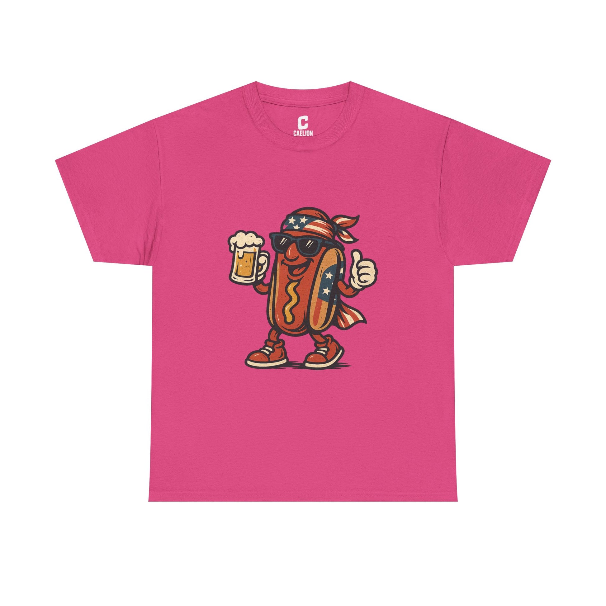 Patriotic Hot Dog Mascot Funny Fourth of July Cookout Design with Beer and American Flag Bandana