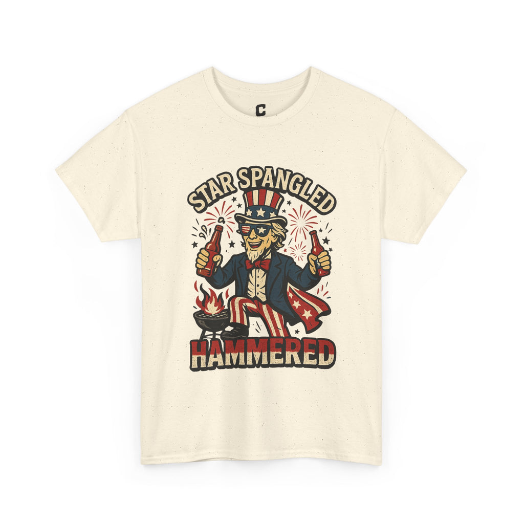 Star Spangled Hammered Funny Patriotic Drinking Design with Uncle Sam and Fireworks for Fourth of July Parties