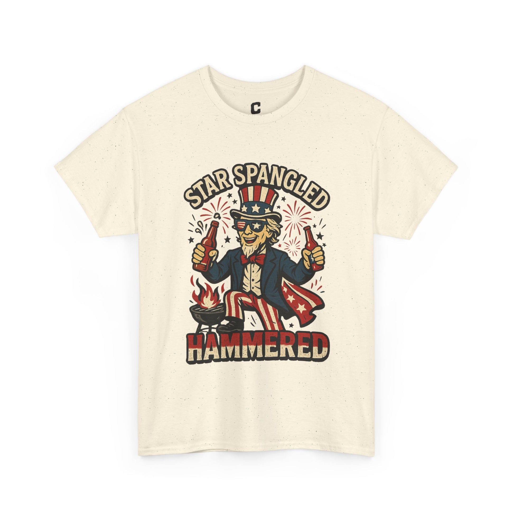 Star Spangled Hammered Funny Patriotic Drinking Design with Uncle Sam and Fireworks for Fourth of July Parties