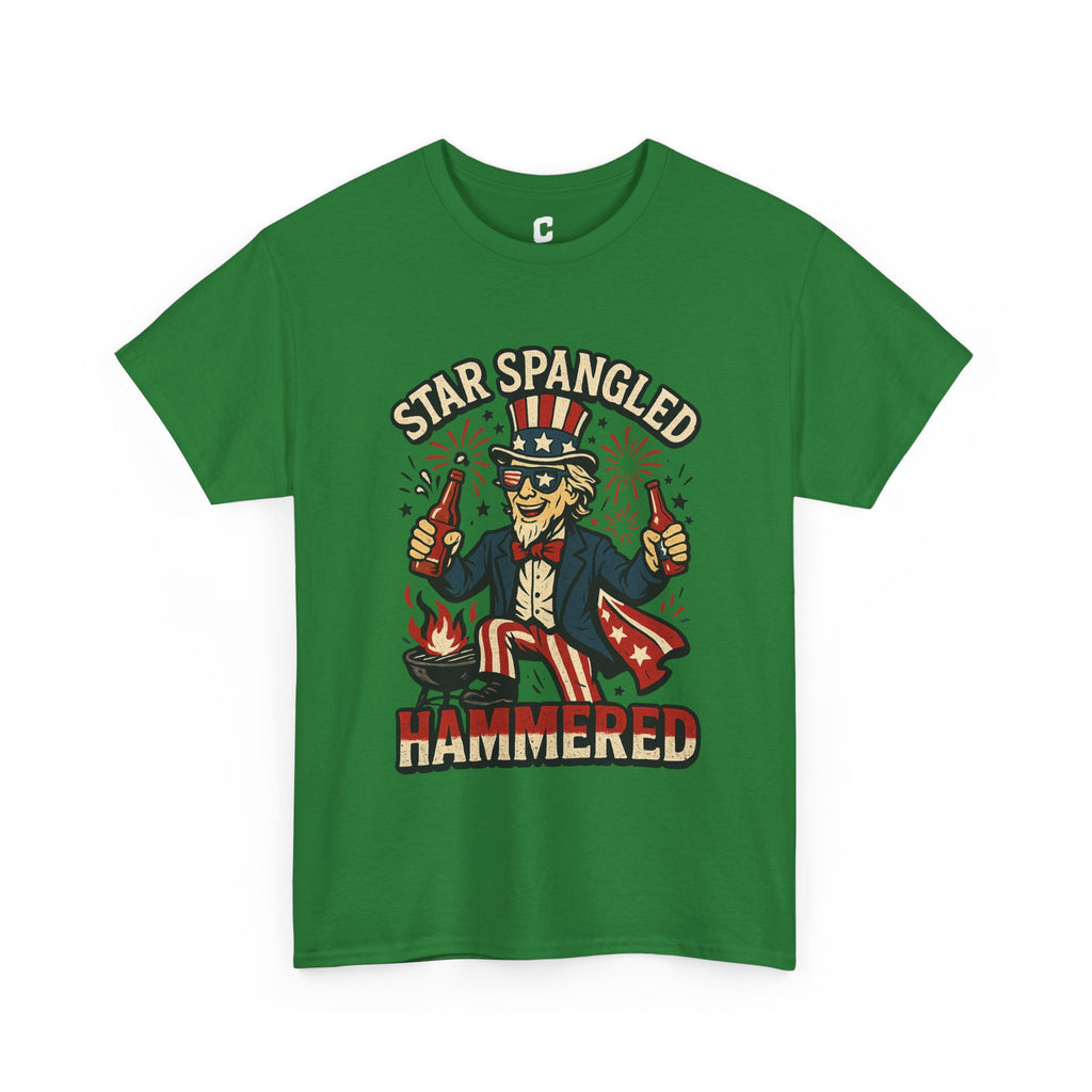 Star Spangled Hammered Funny Patriotic Drinking Design with Uncle Sam and Fireworks for Fourth of July Parties
