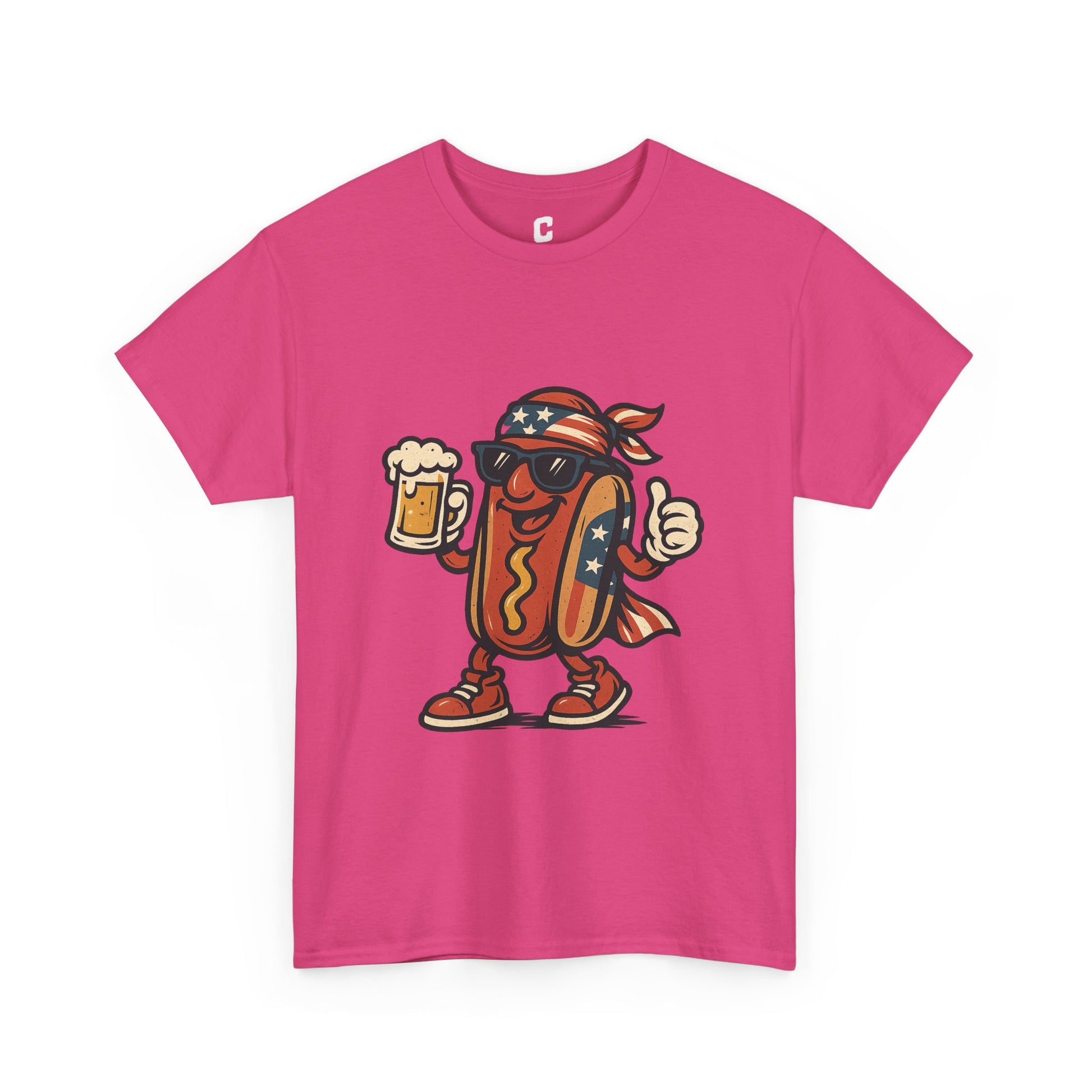 Patriotic Hot Dog Mascot Funny Fourth of July Cookout Design with Beer and American Flag Bandana
