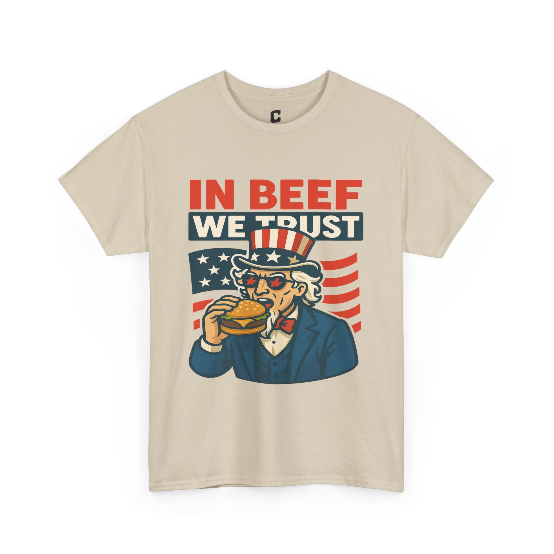 In Beef We Trust Funny Patriotic Burger Design Featuring Uncle Sam for Fourth of July and BBQ Lovers