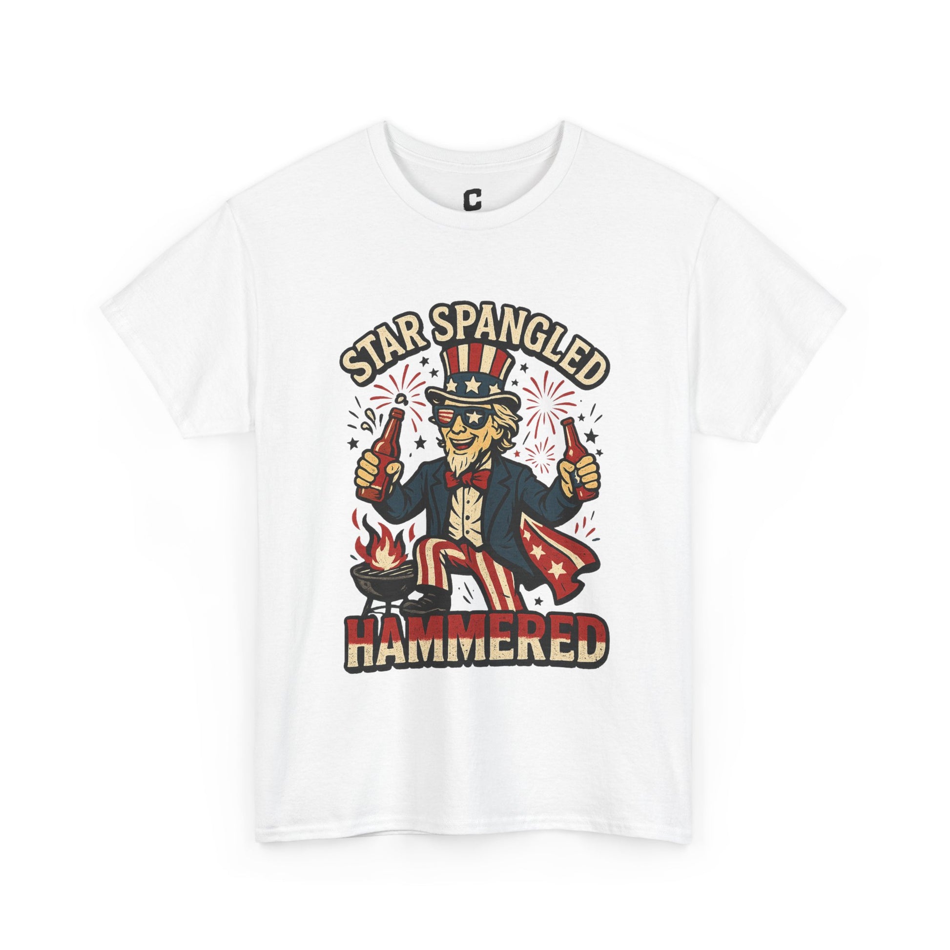 Star Spangled Hammered Funny Patriotic Drinking Design with Uncle Sam and Fireworks for Fourth of July Parties