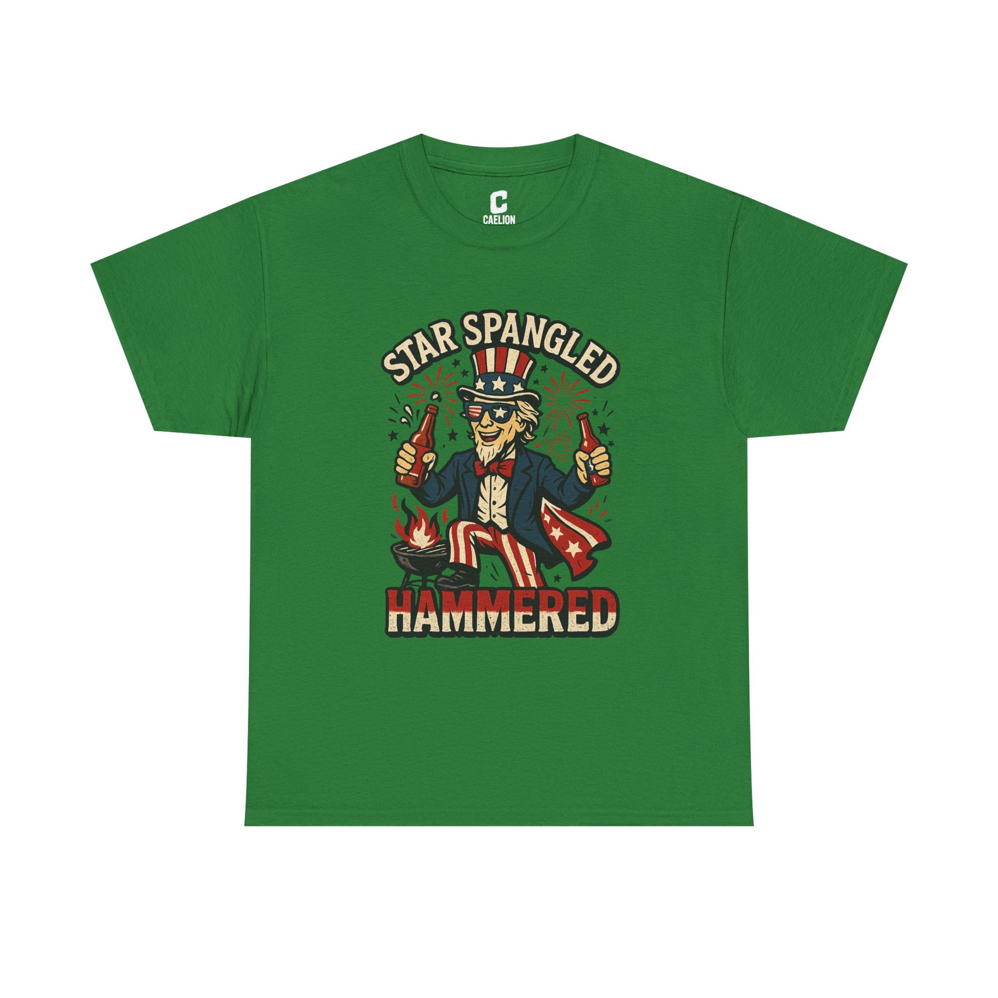 Star Spangled Hammered Funny Patriotic Drinking Design with Uncle Sam and Fireworks for Fourth of July Parties