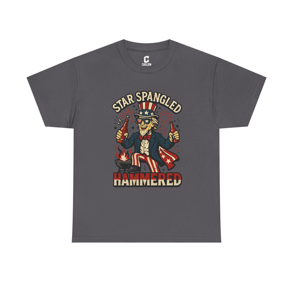Star Spangled Hammered Funny Patriotic Drinking Design with Uncle Sam and Fireworks for Fourth of July Parties