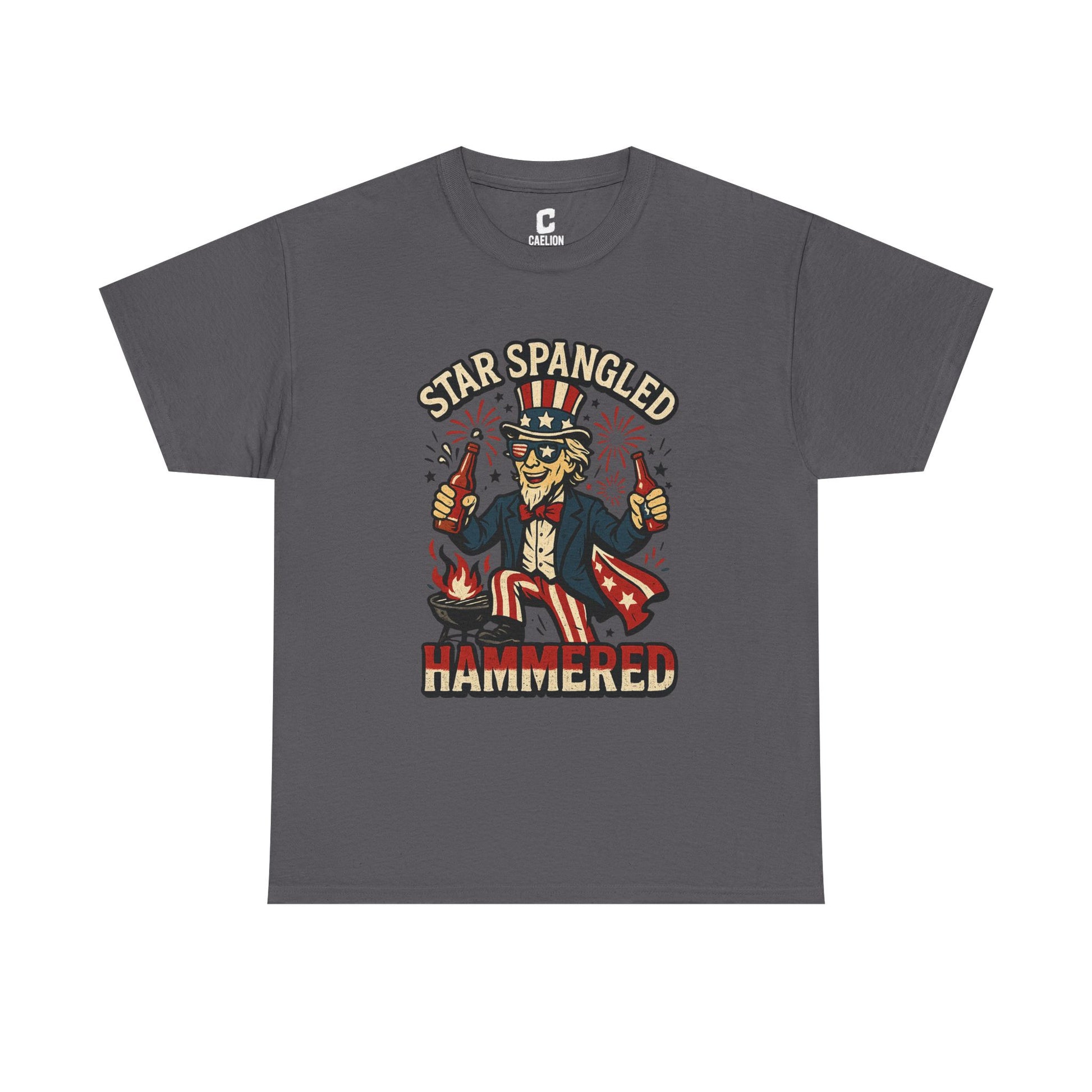 Star Spangled Hammered Funny Patriotic Drinking Design with Uncle Sam and Fireworks for Fourth of July Parties